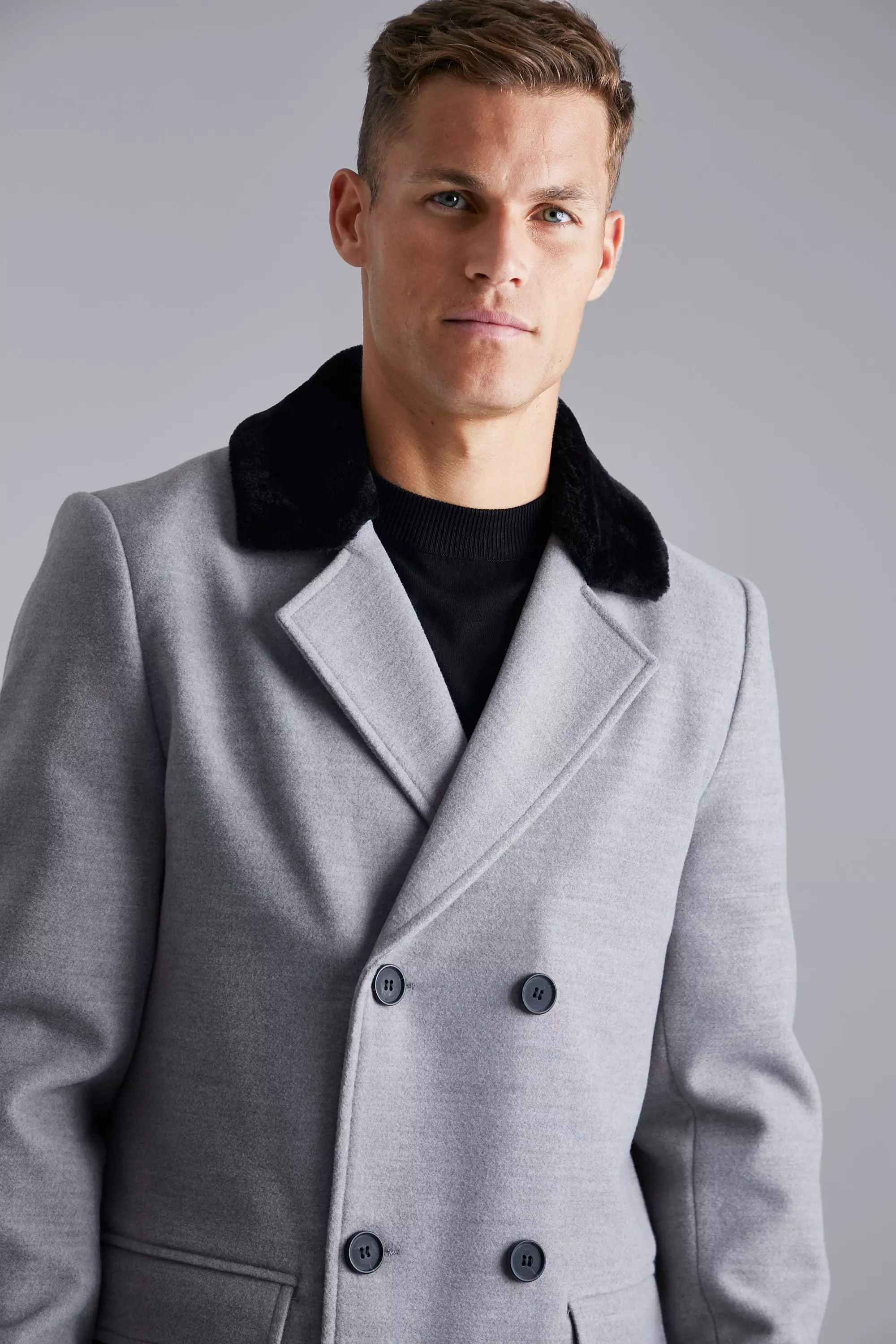 Tall Double Breasted Faux Fur Overcoat | boohooMAN USA