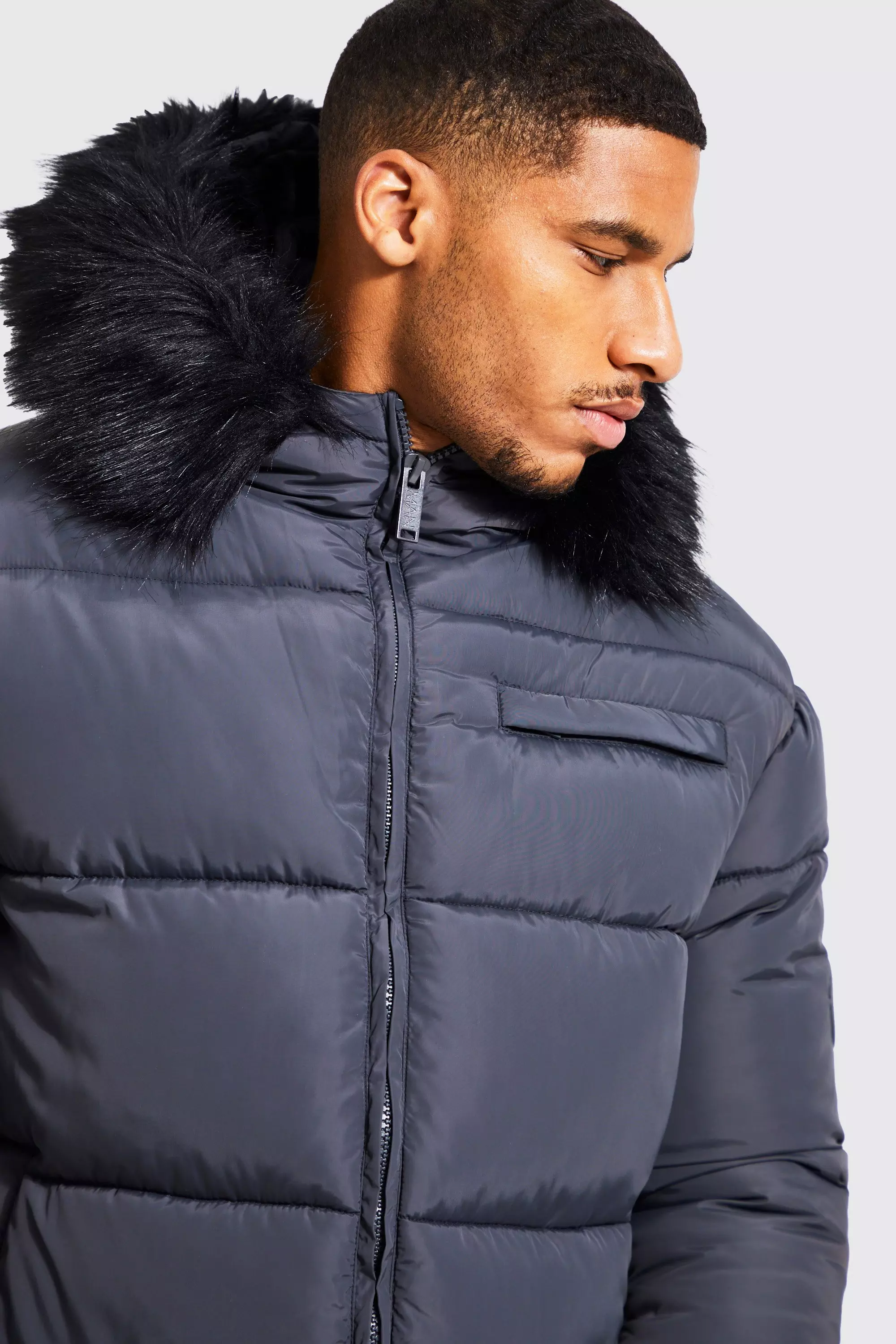 Tall Longline Faux Fur Hooded Puffer | boohooMAN UK