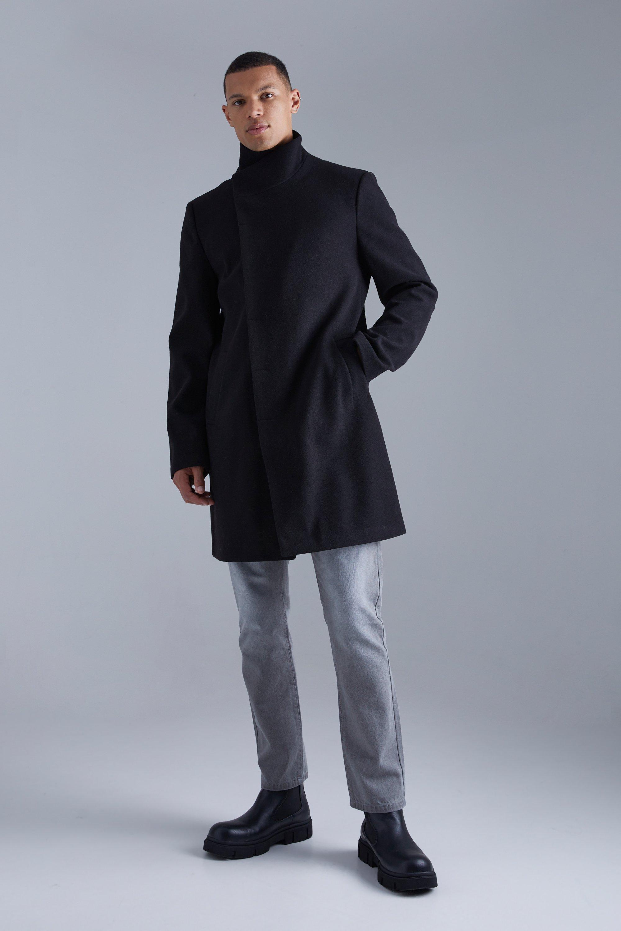 tall - manteau long effet laine à col montant homme - noir - xxl, noir