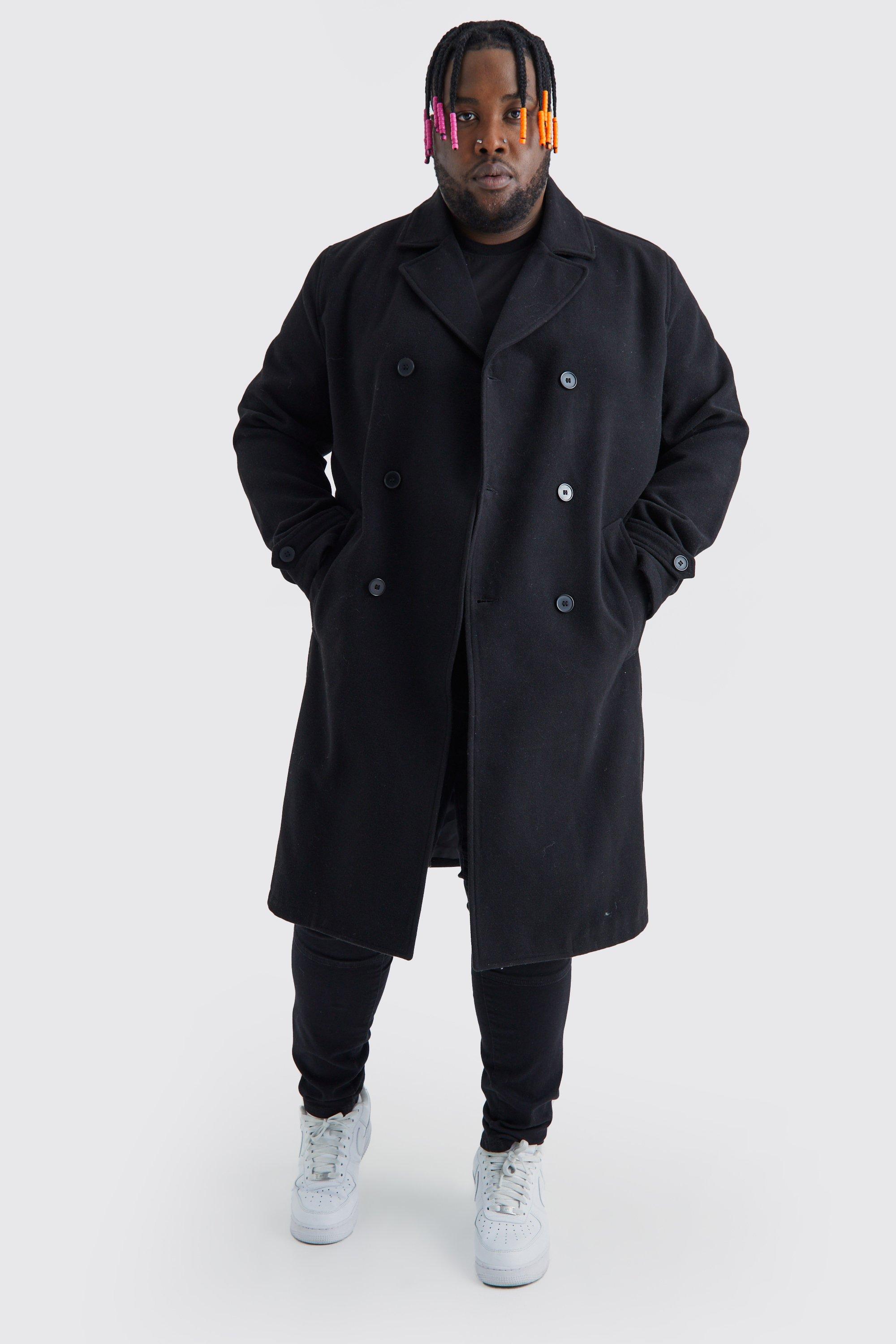Mens Plus Double Breasted Wool Look Overcoat in Black, Black