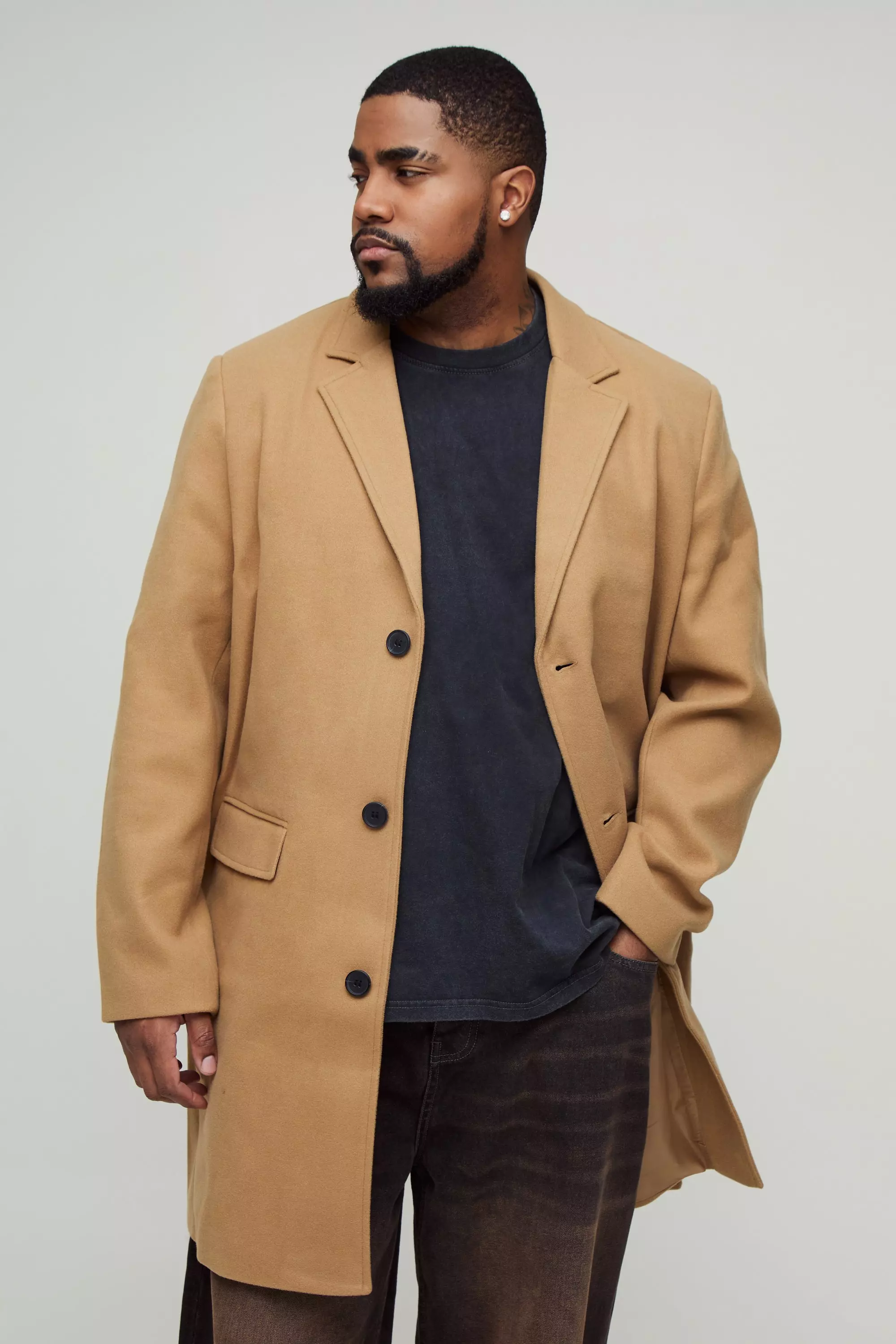 Plus Single Breasted Wool Look Overcoat in Camel