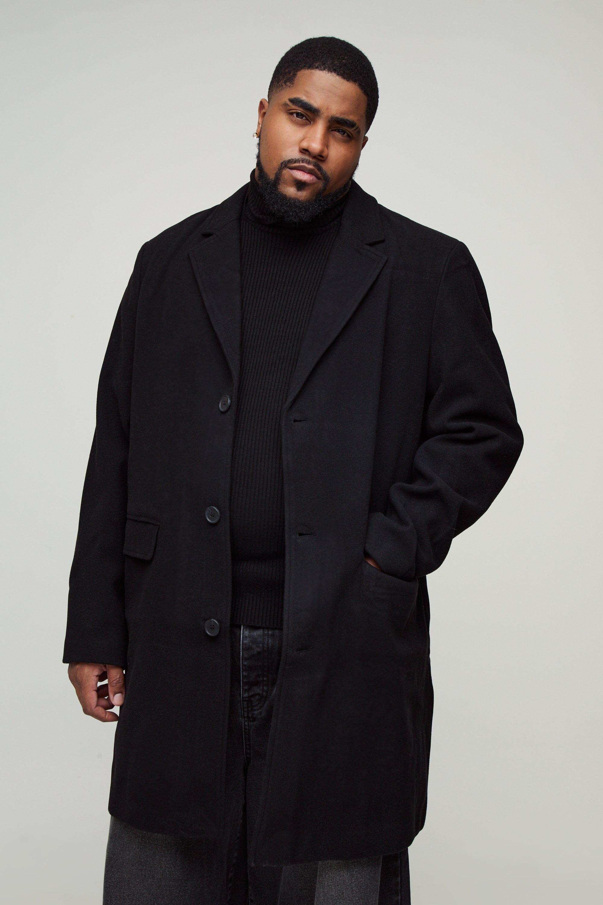 Mens Plus Single Breasted Wool Look Overcoat in Black, Black