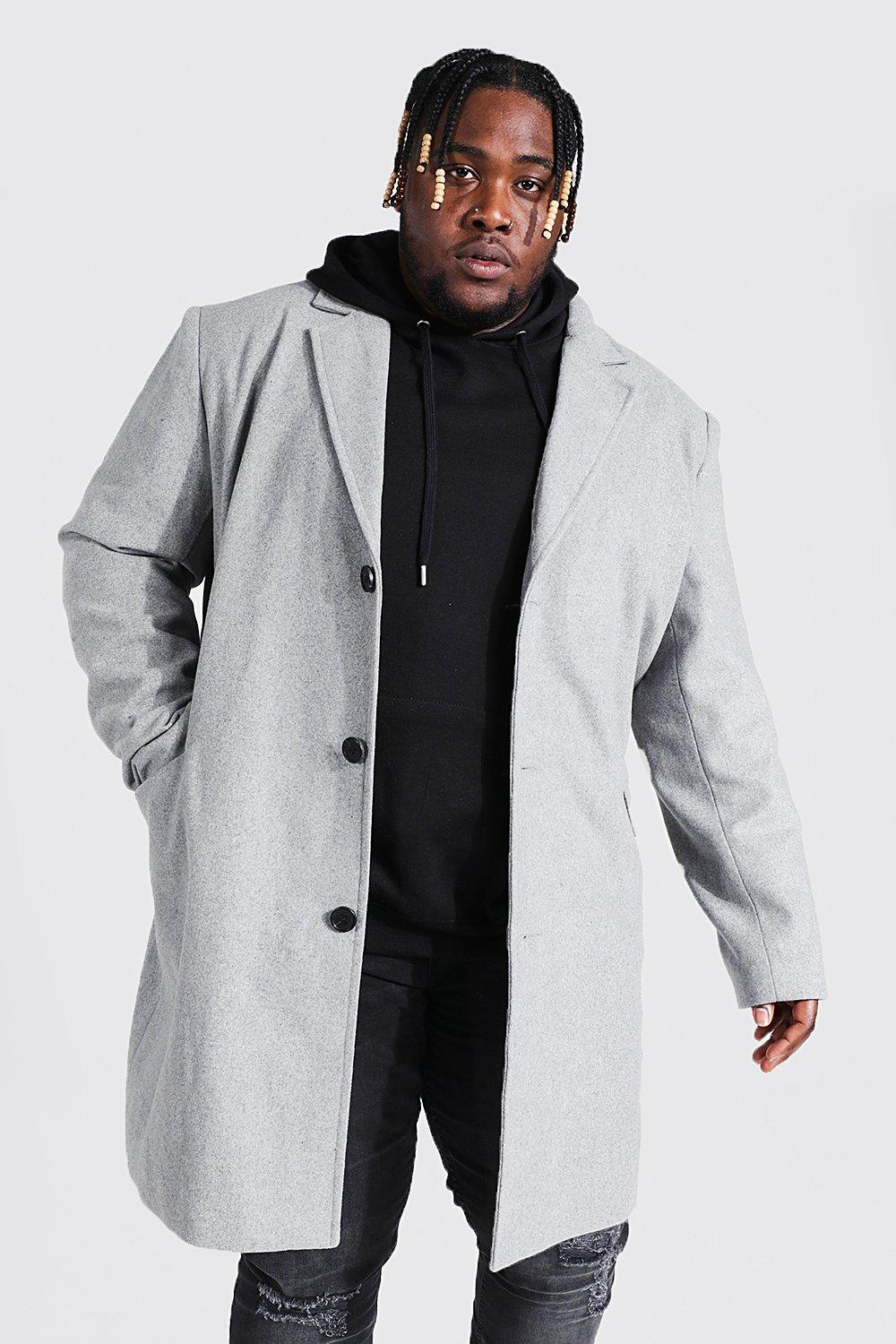 Mens Plus Single Breasted Wool Look Overcoat in Grey, Grey
