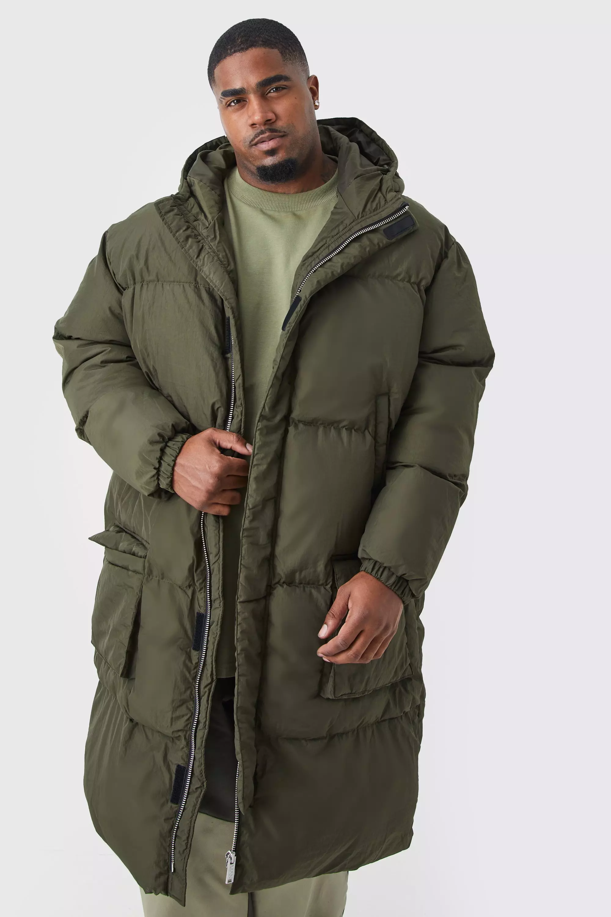 Tall 4 Pocket Longline Hooded Puffer Jacket in Khaki