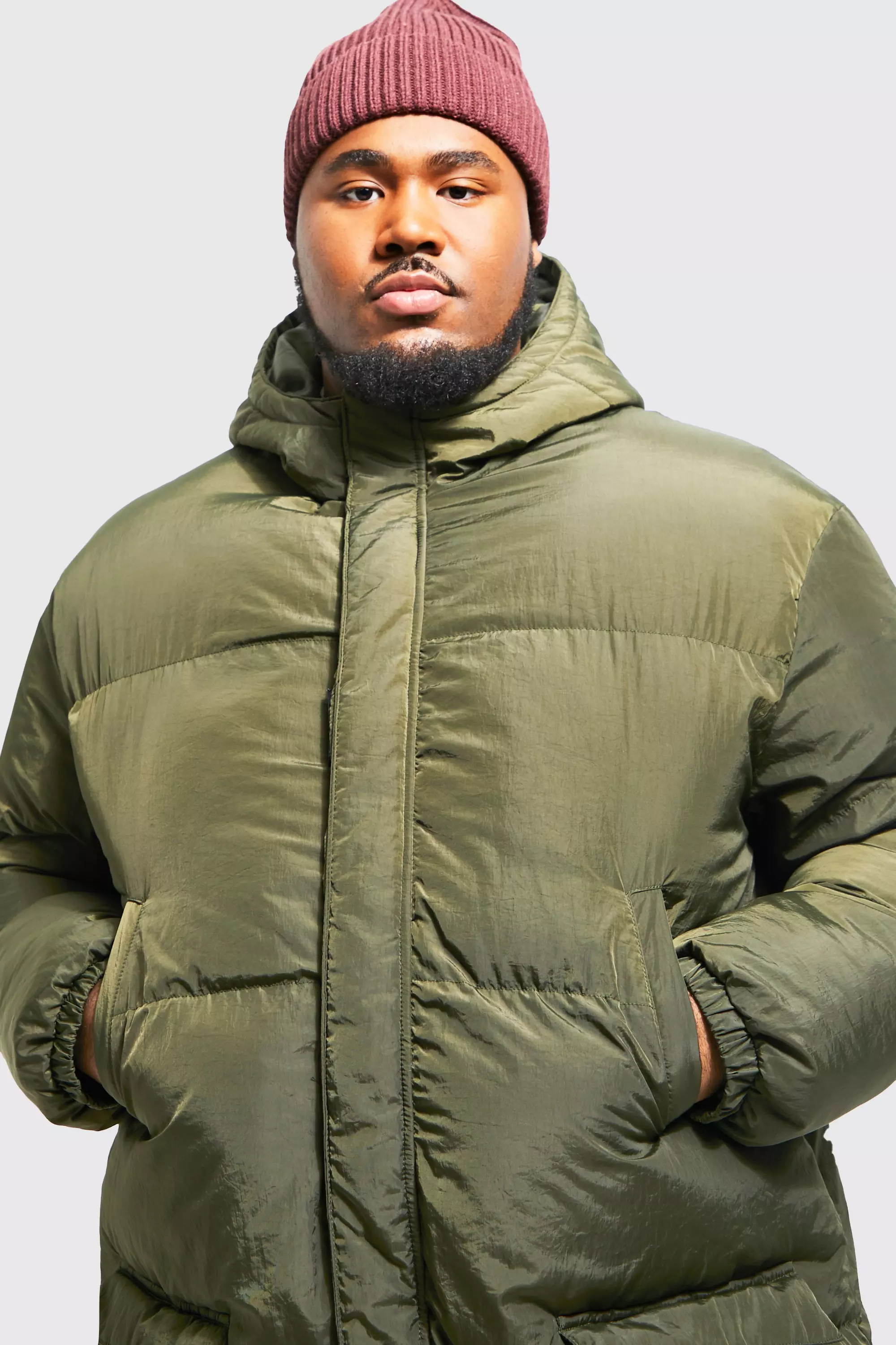 Tall 4 Pocket Longline Hooded Puffer Jacket in Khaki