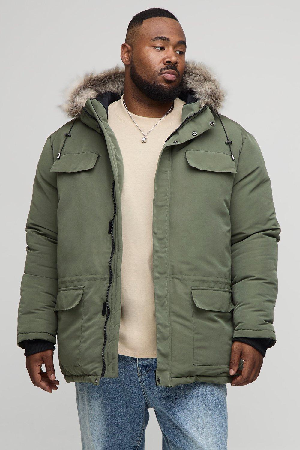 Mens Green Plus Faux Fur Hooded Arctic Parka Jacket in Black, Green