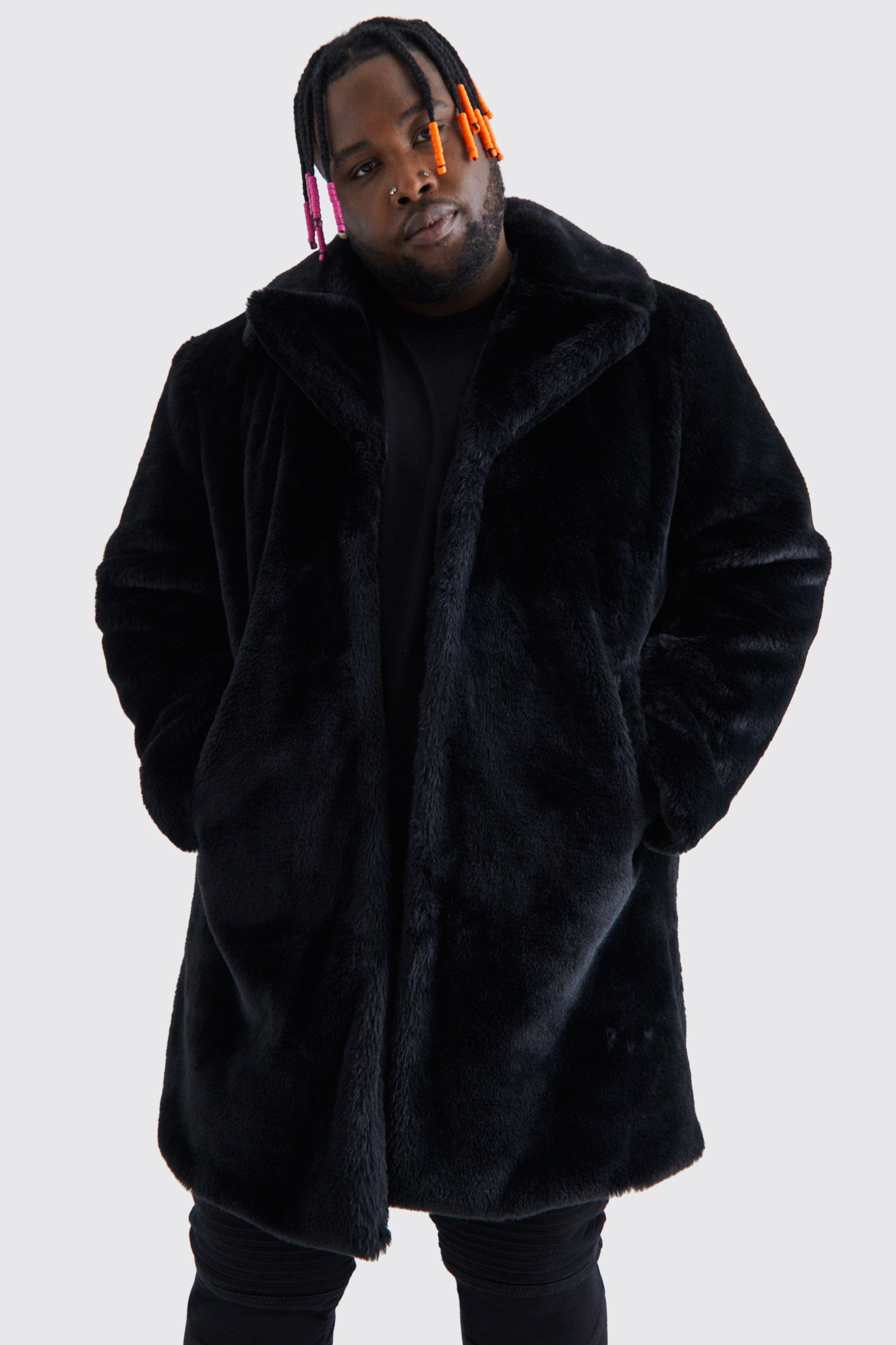 grande taille - manteau long en fausse fourrure homme - noir - xxxl, noir