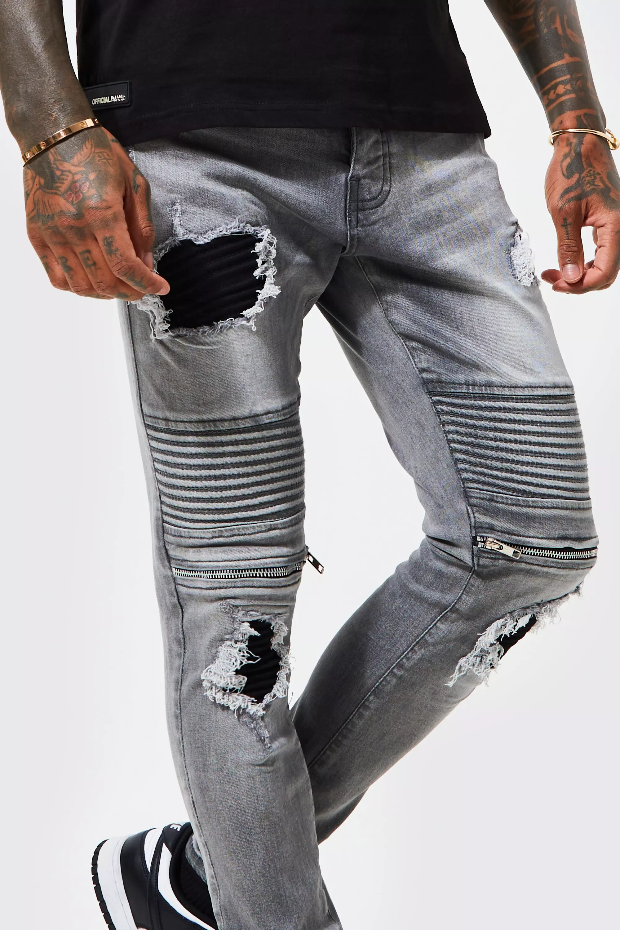 Skinny Stretch Rip & Repair Zip Biker Jeans