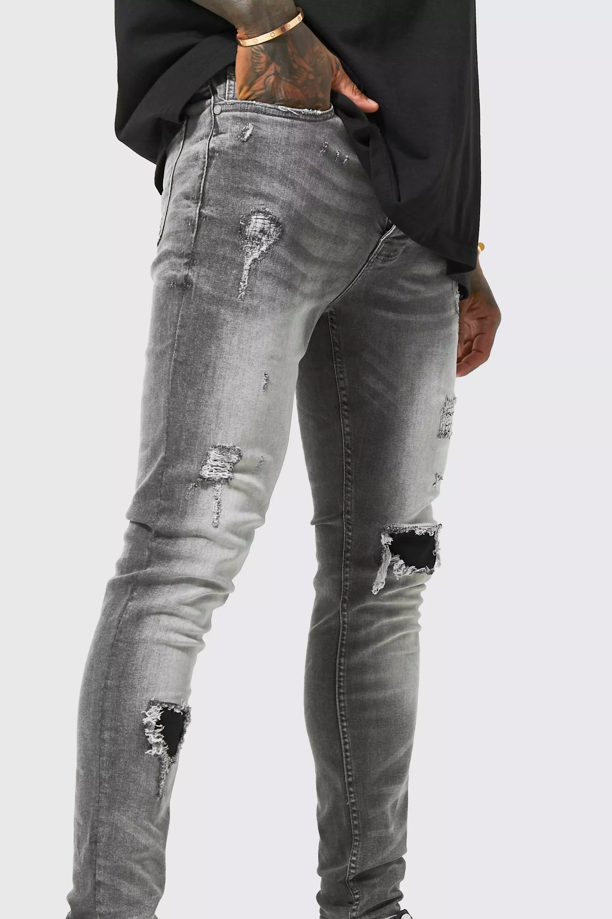 Mens Distressed Leather Skinny Jeans With Ribbed Jean Patches Style 2614  From Sadfk, $81.32