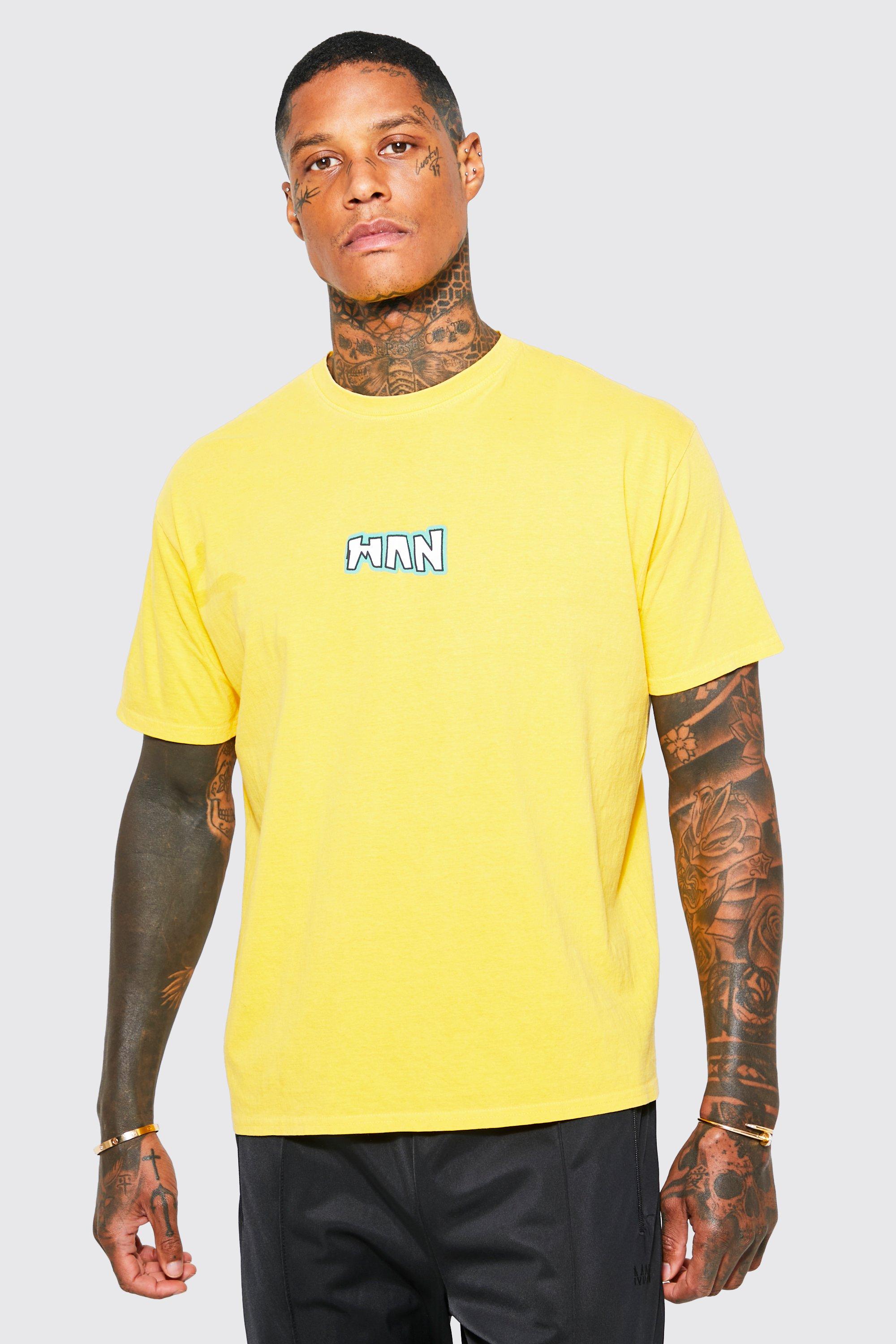 men's oversized man puff print overdye t-shirt - yellow - s, yellow
