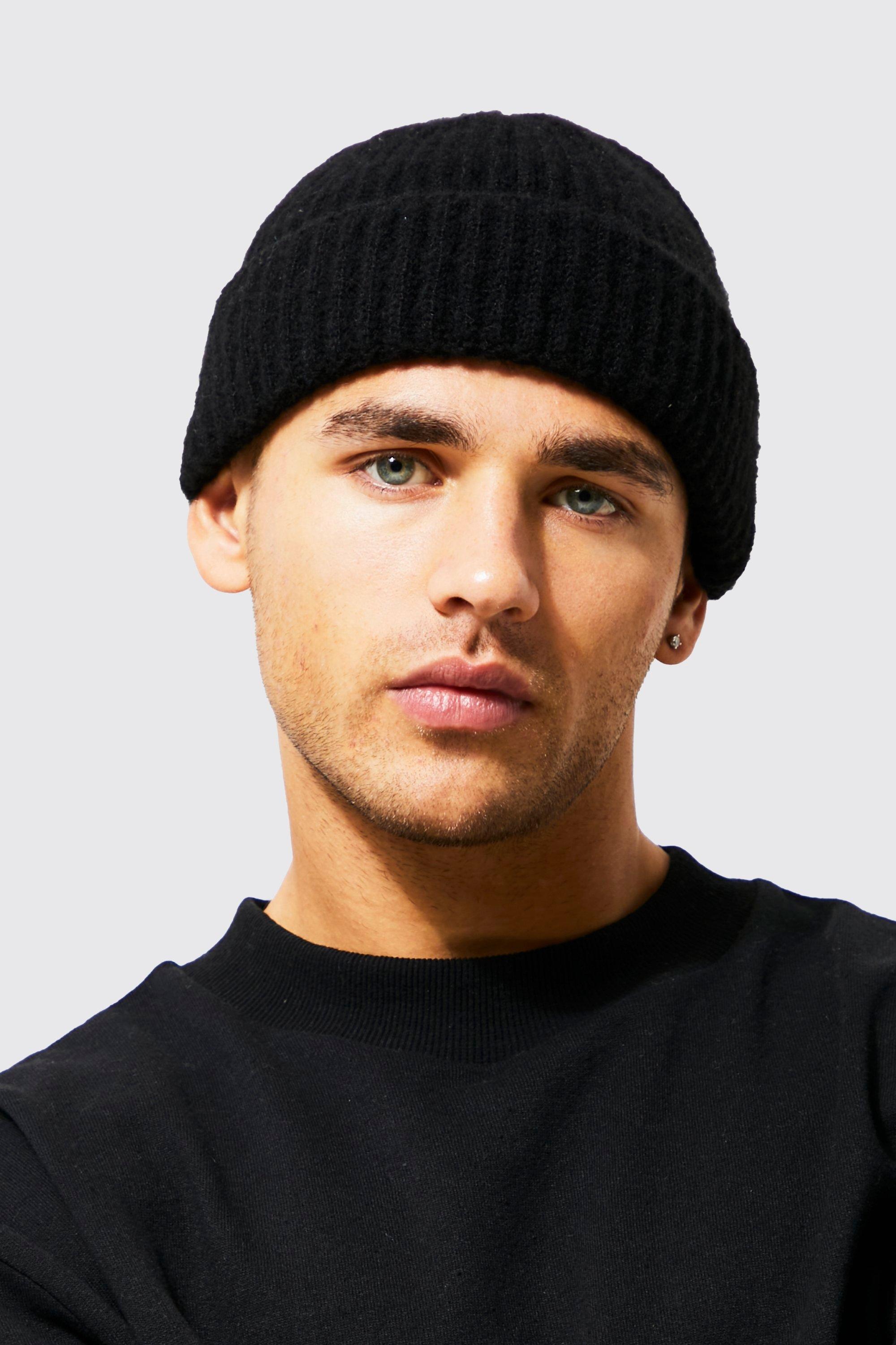 Mens Black Fluffy Yarn Beanie, Black