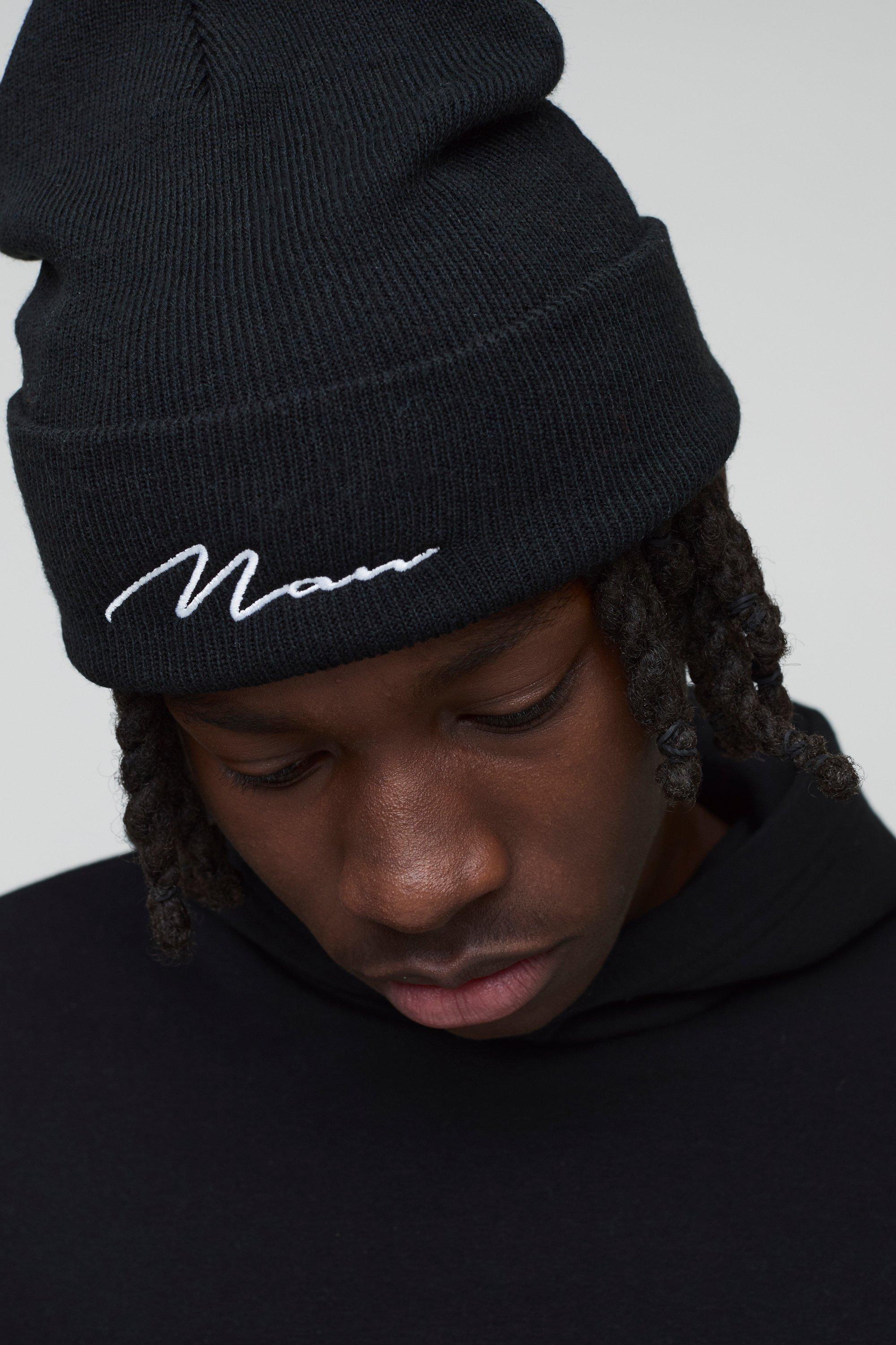 Mens Black Flat Knit Man Script Micro Beanie, Black