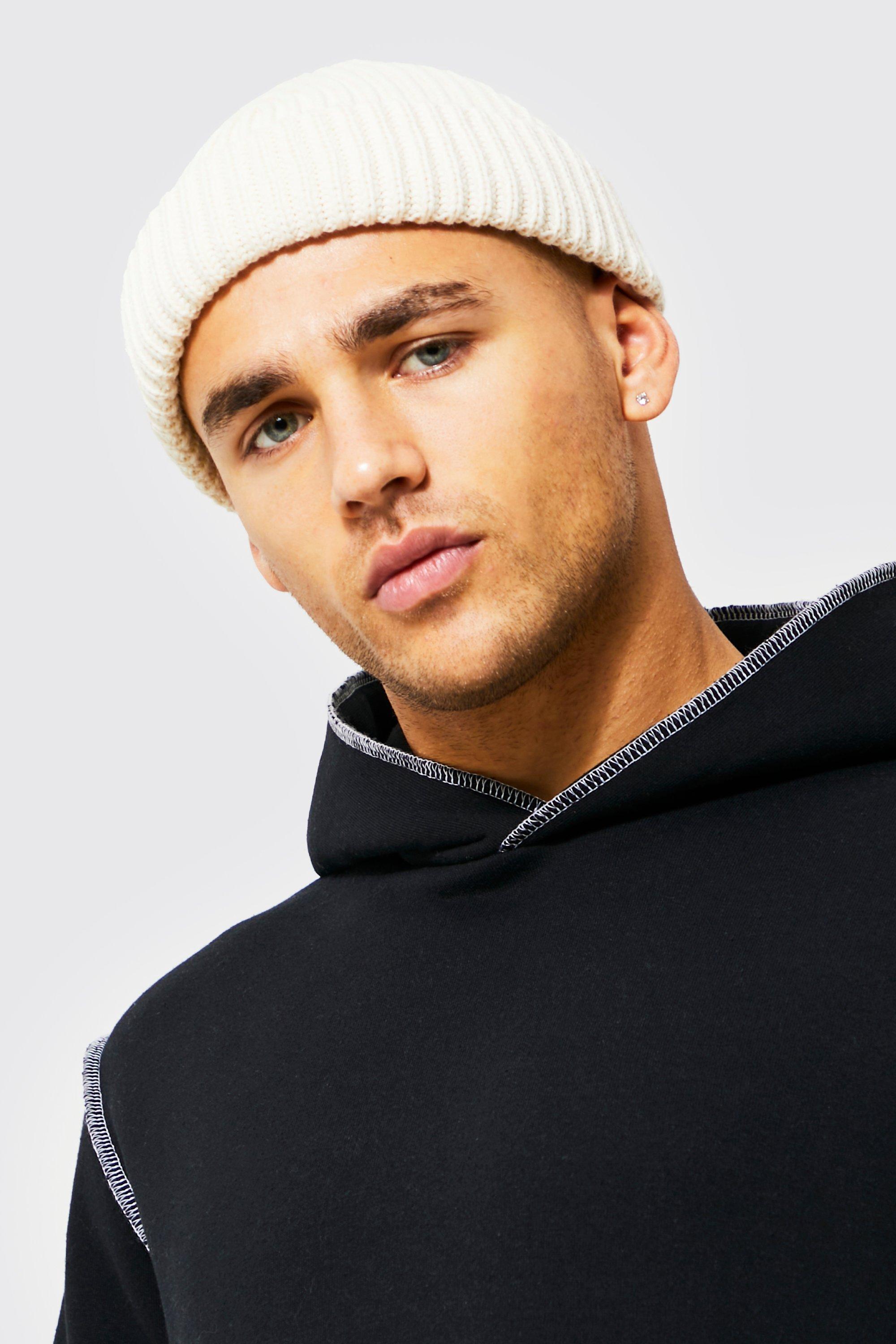 Mens Cream Ribbed Micro Beanie, Cream