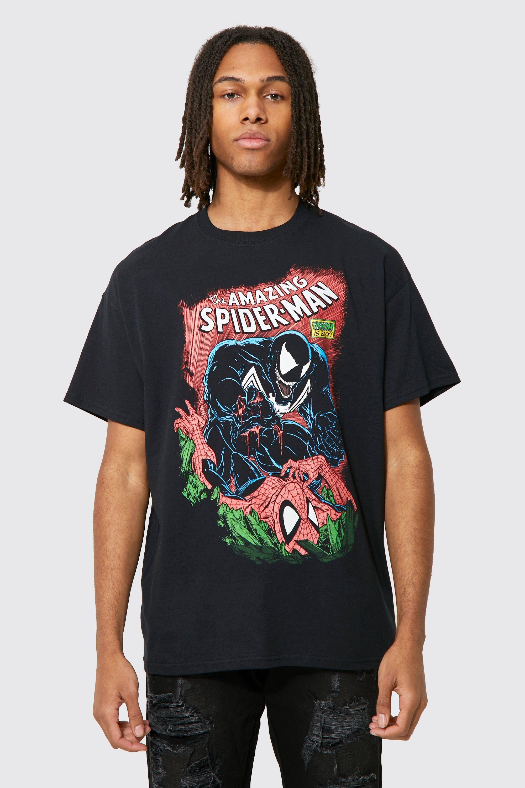 Mens Black Oversized Spiderman Comic License T-shirt, Black