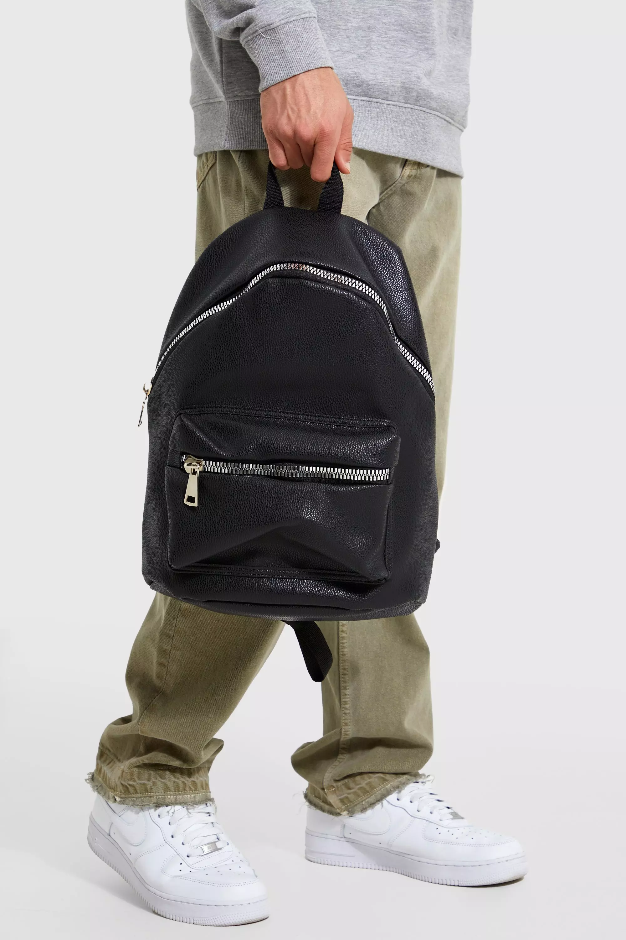 Leather Look Rucksack With Large Zip boohooMAN USA