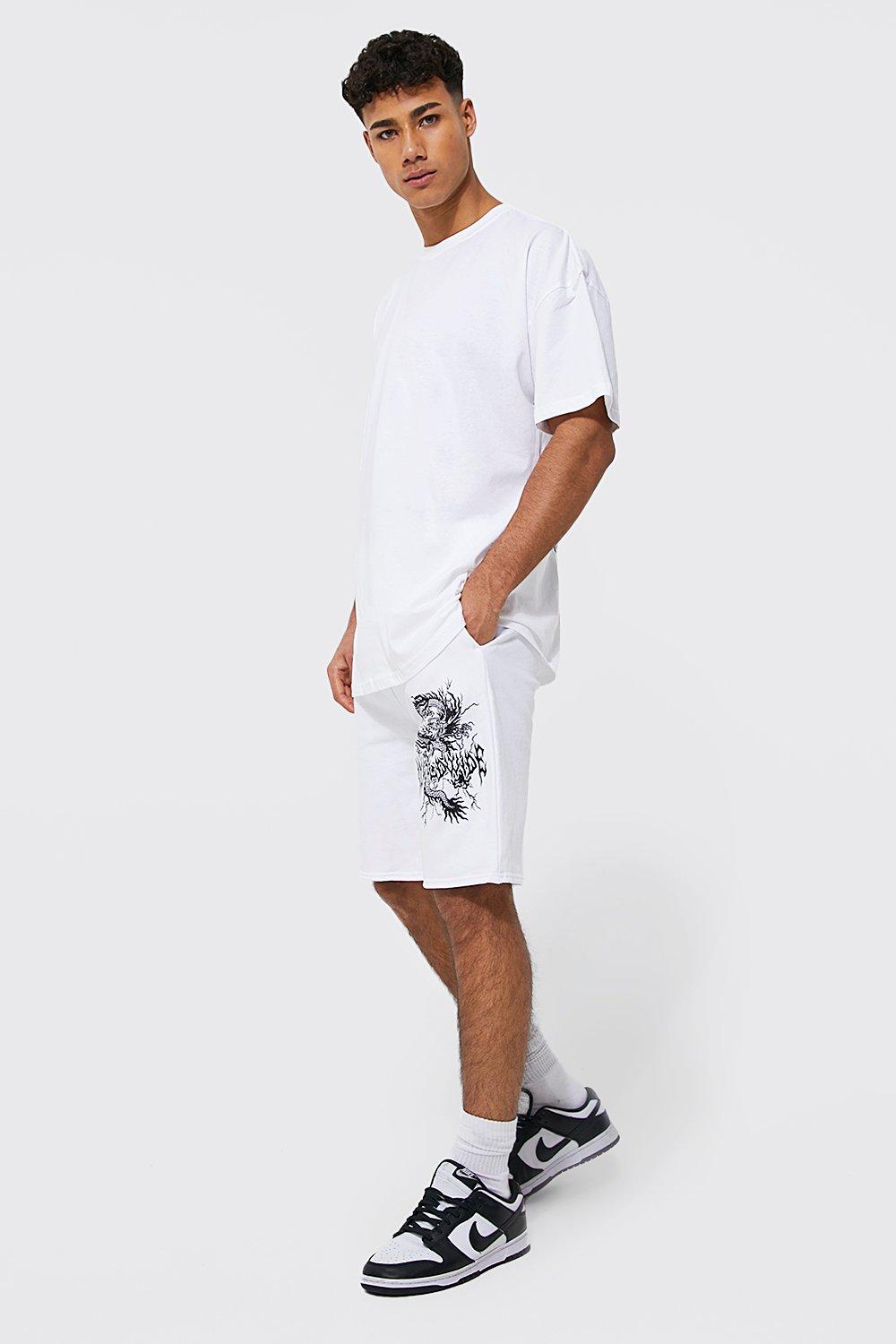 Mens White Oversized Worldwide Dragon Short Set, White