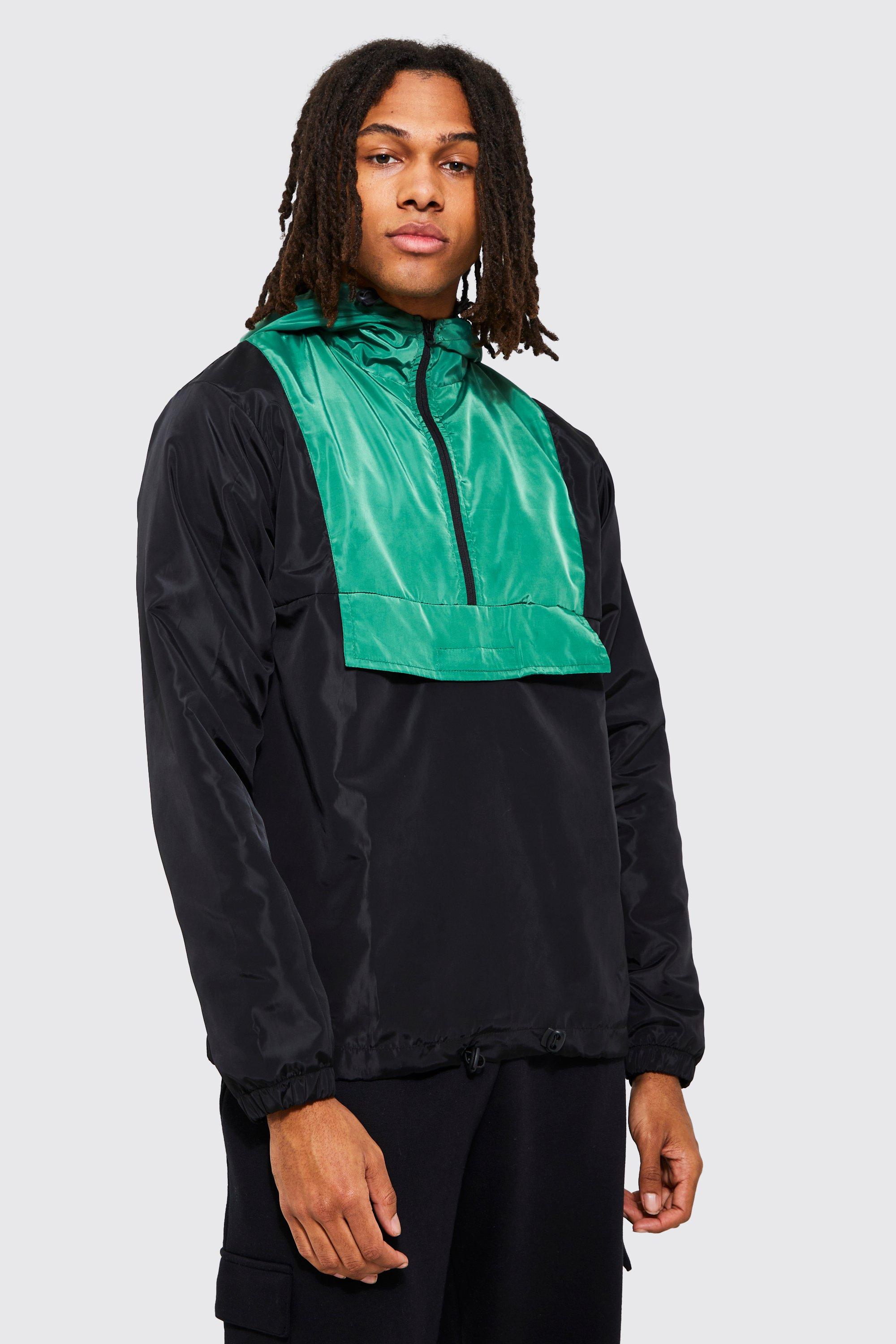 Mens Green Colour Block Stripe Hooded Cagoule, Green