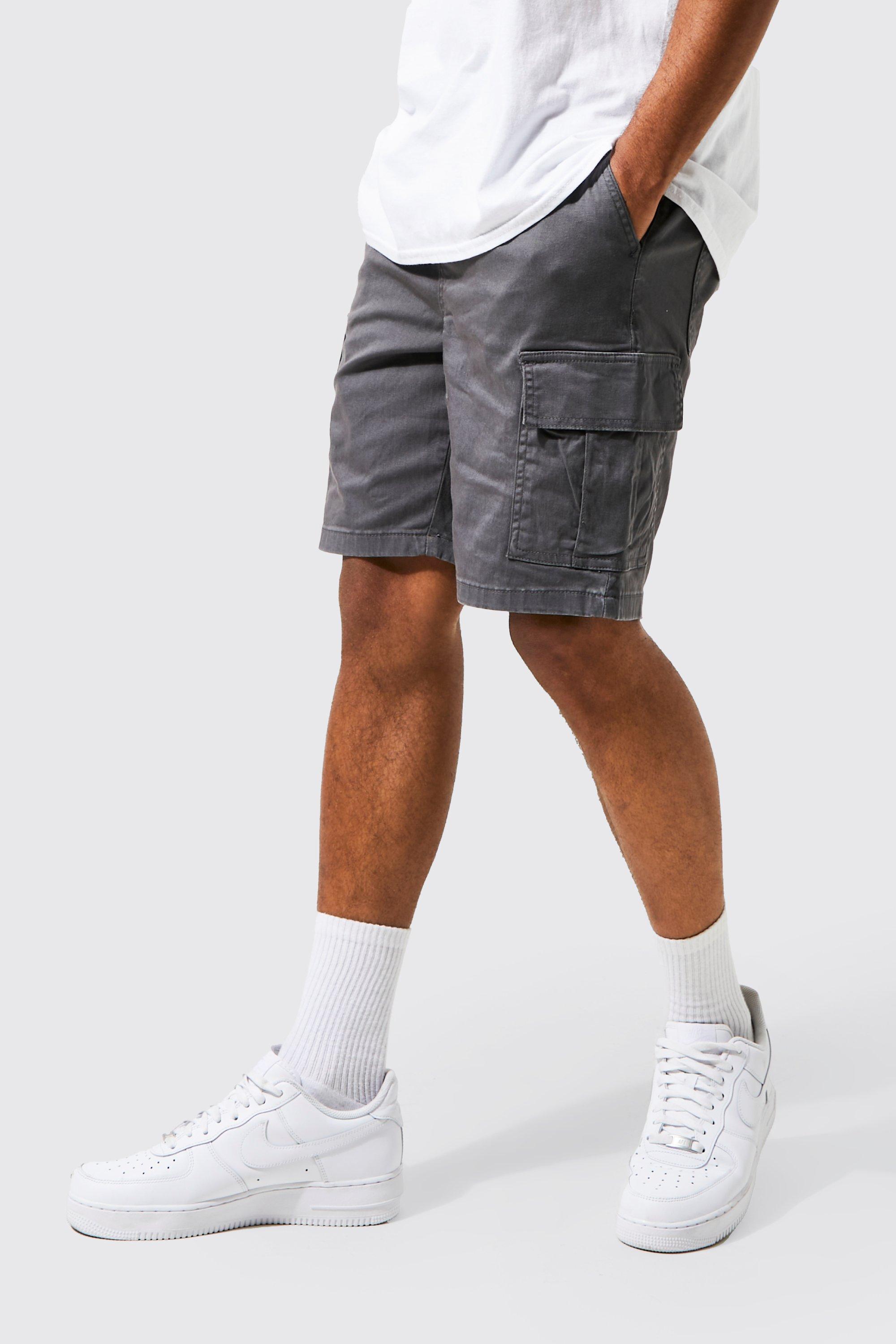 Mens Grey Straight Leg Garment Dyed Twill Cargo Shorts, Grey
