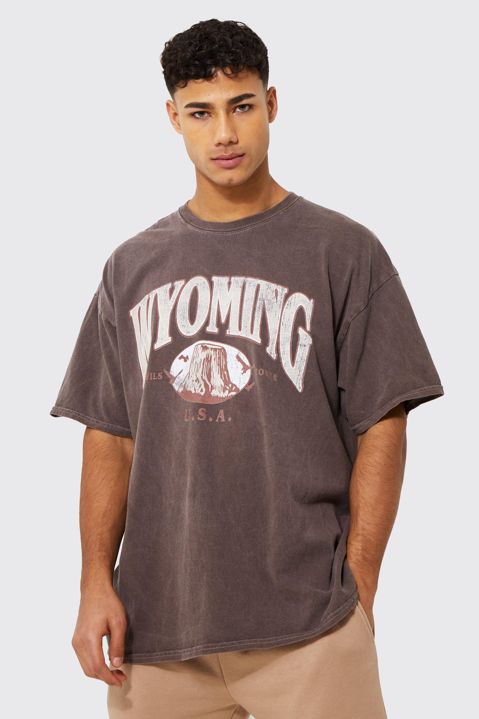 Mens Brown Oversized Washed Wyoming Print T-shirt, Brown