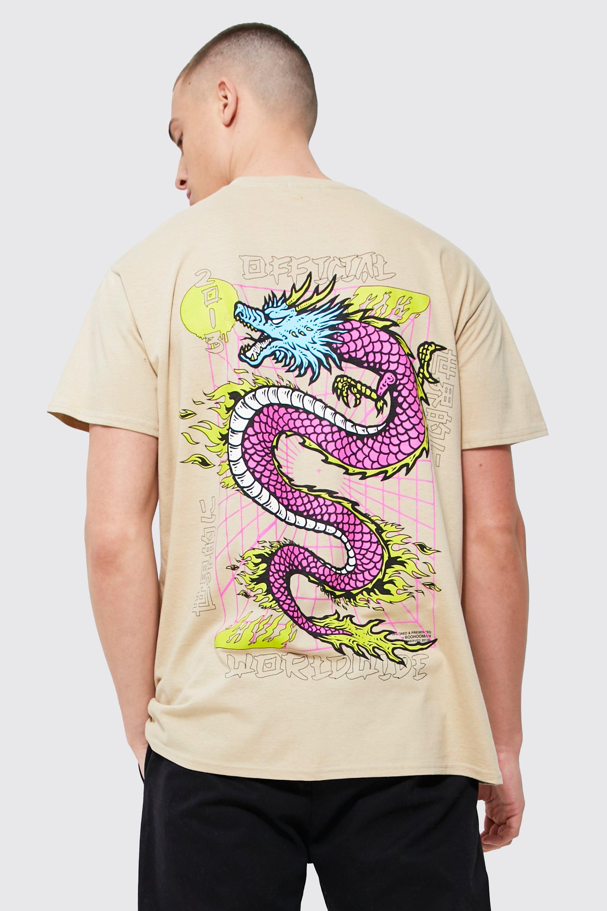 mens beige oversized dragon back printed t-shirt, beige