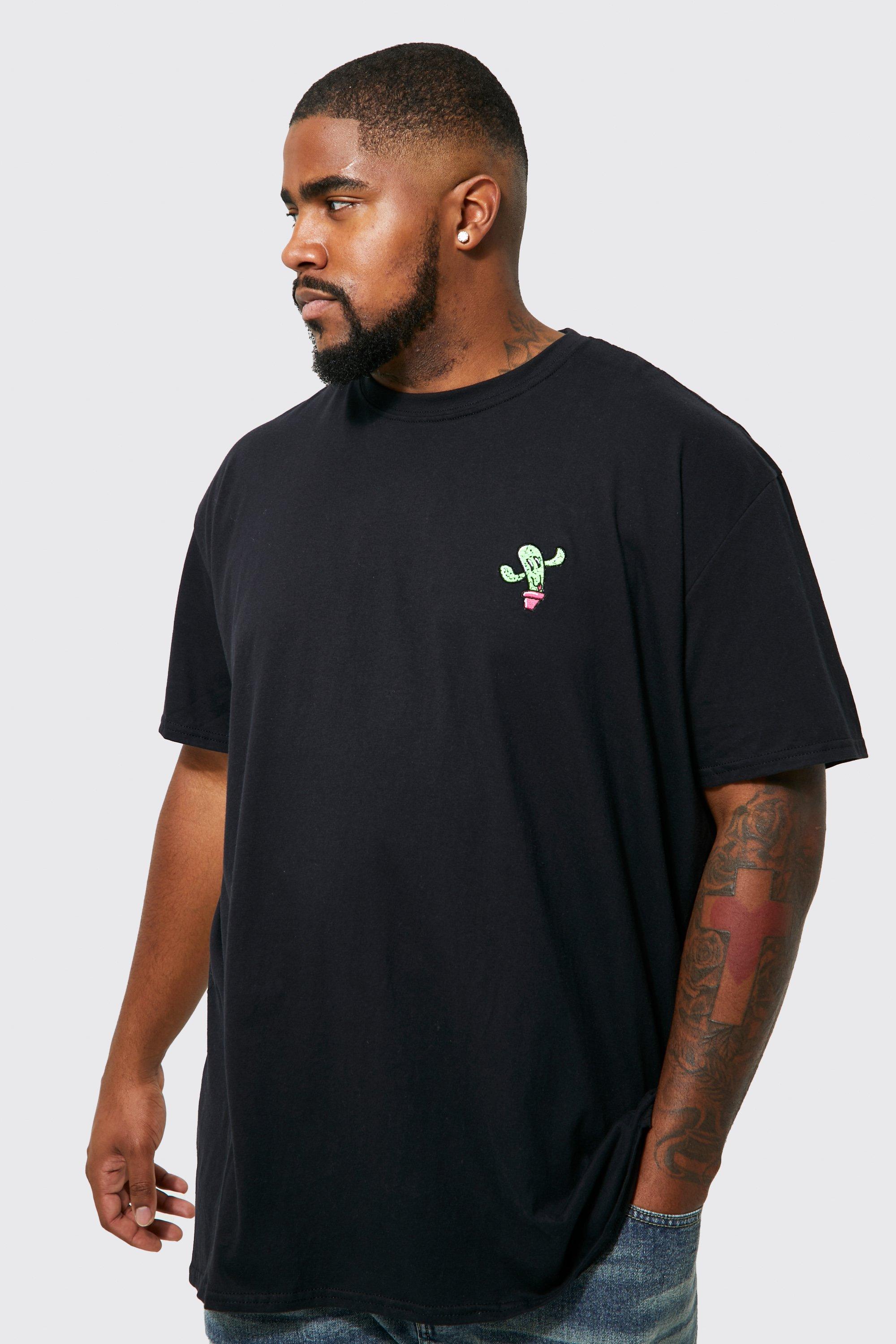 Mens Black Plus Cactus Embroidered T-shirt, Black