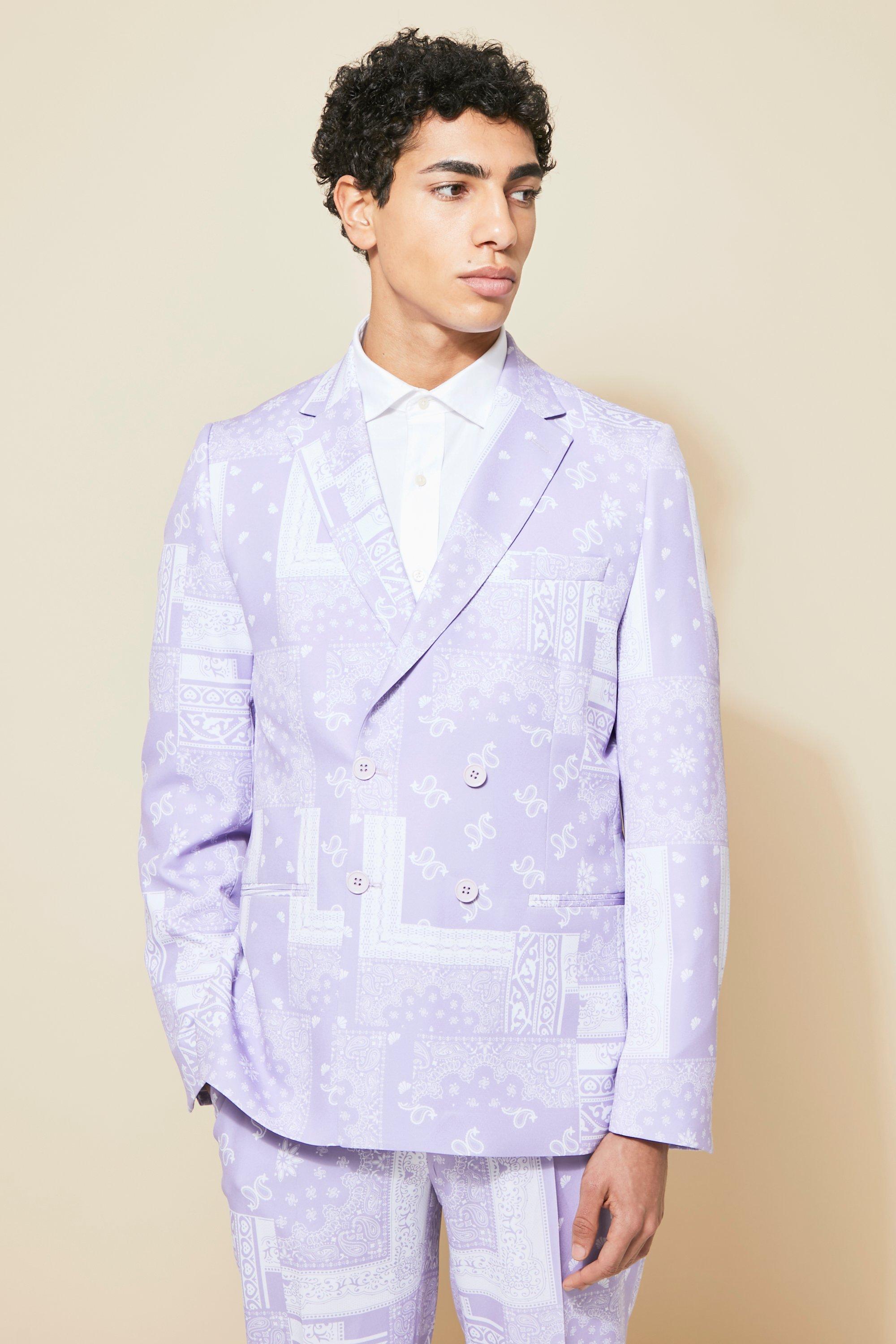 Mens Purple Double Breasted Slim Bandana Suit Jacket, Purple