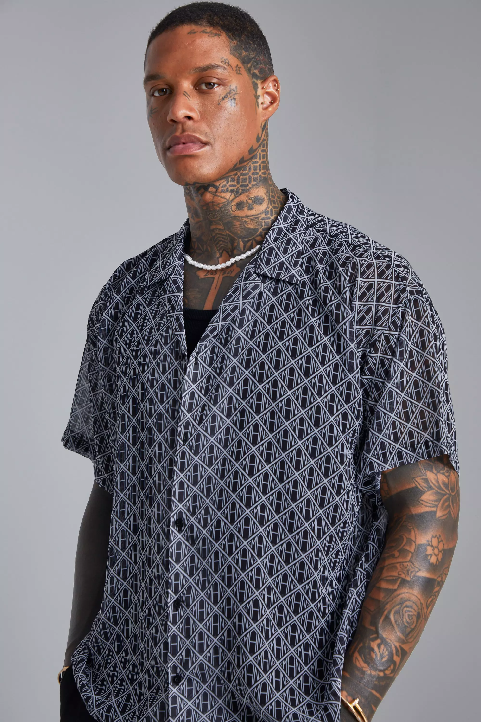 Short Sleeve Sheer Monogram Shirt | boohooMAN USA