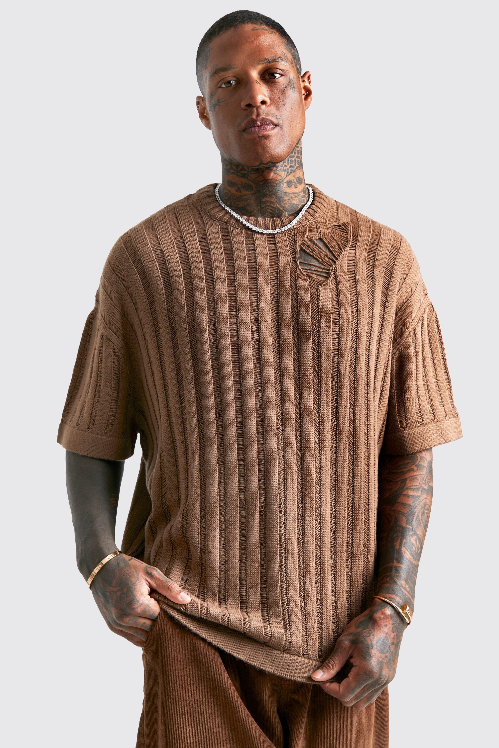 mens beige oversized open stitch knitted t-shirt, beige