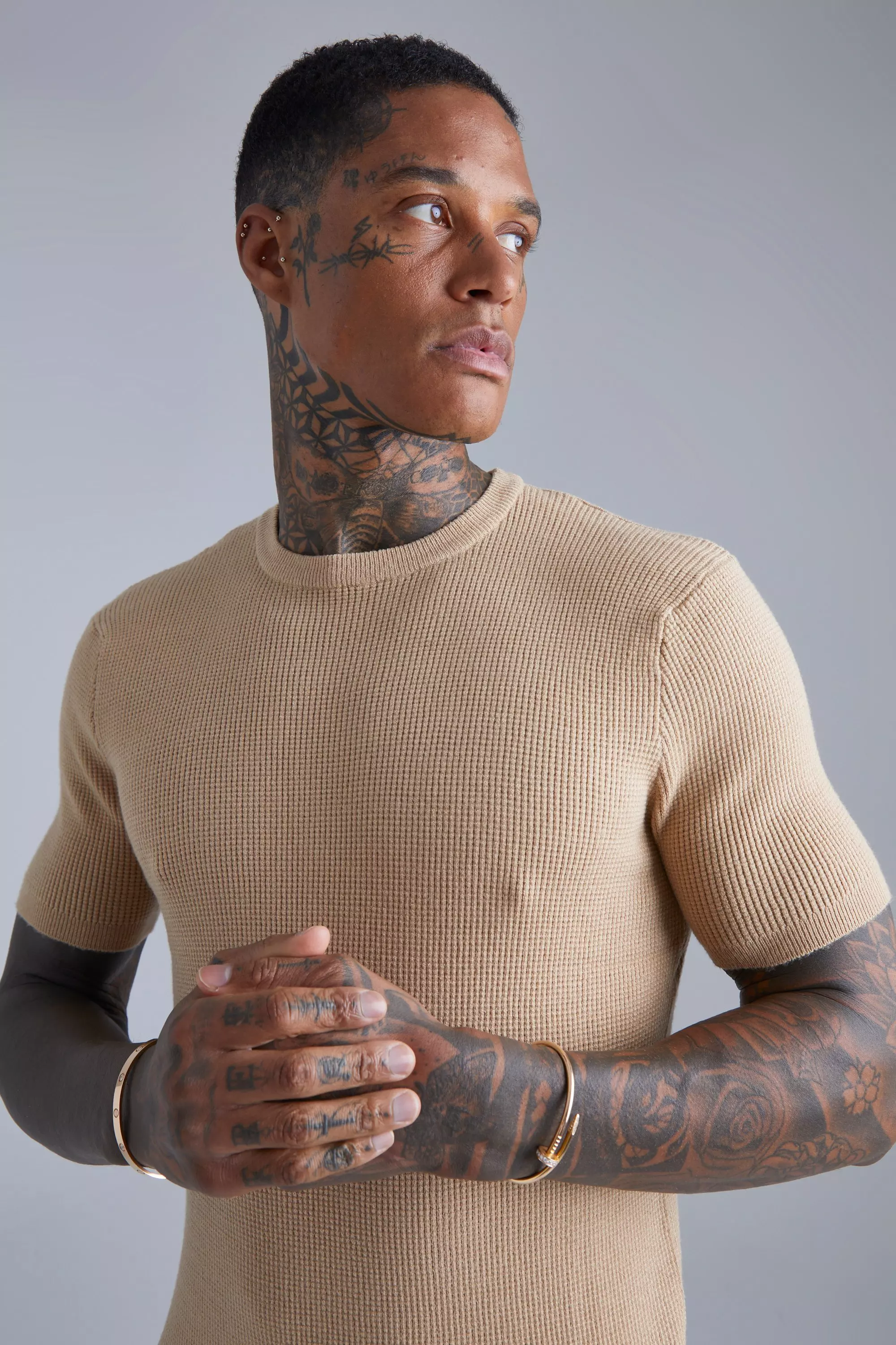 Textured Crew Neck Knitted T-Shirt | boohooMAN UK