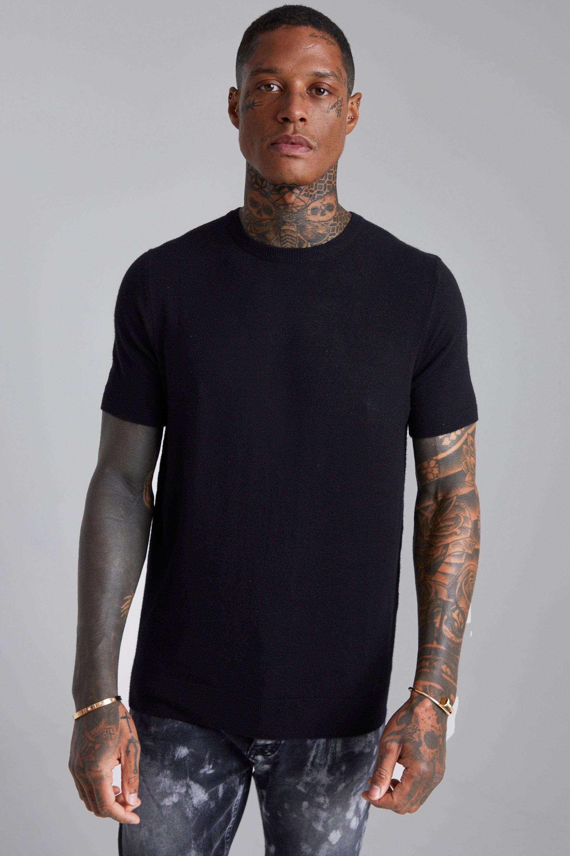 Mens Black Basic Knitted T-Shirt, Black