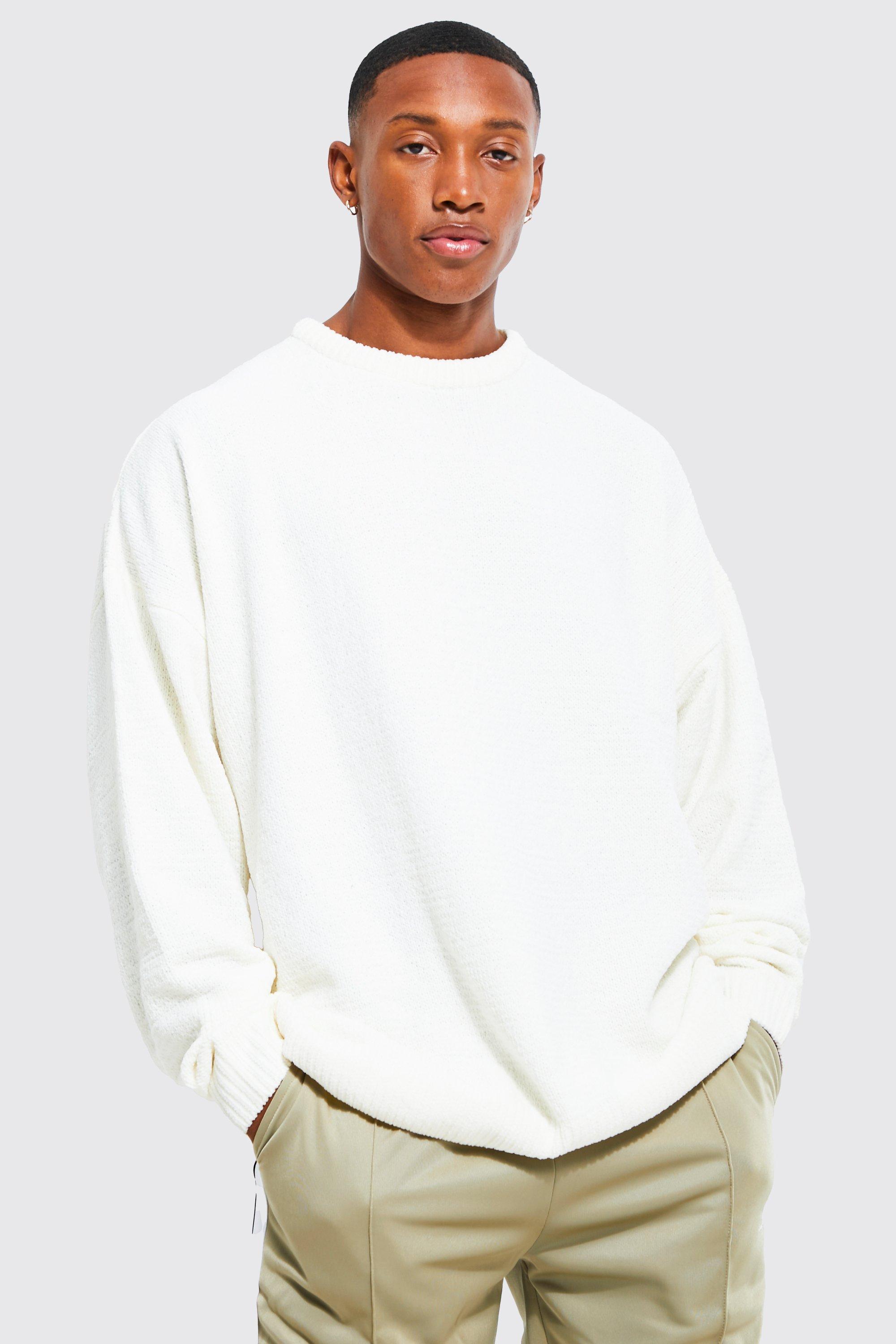 Mens White Oversized Chenille Jumper, White