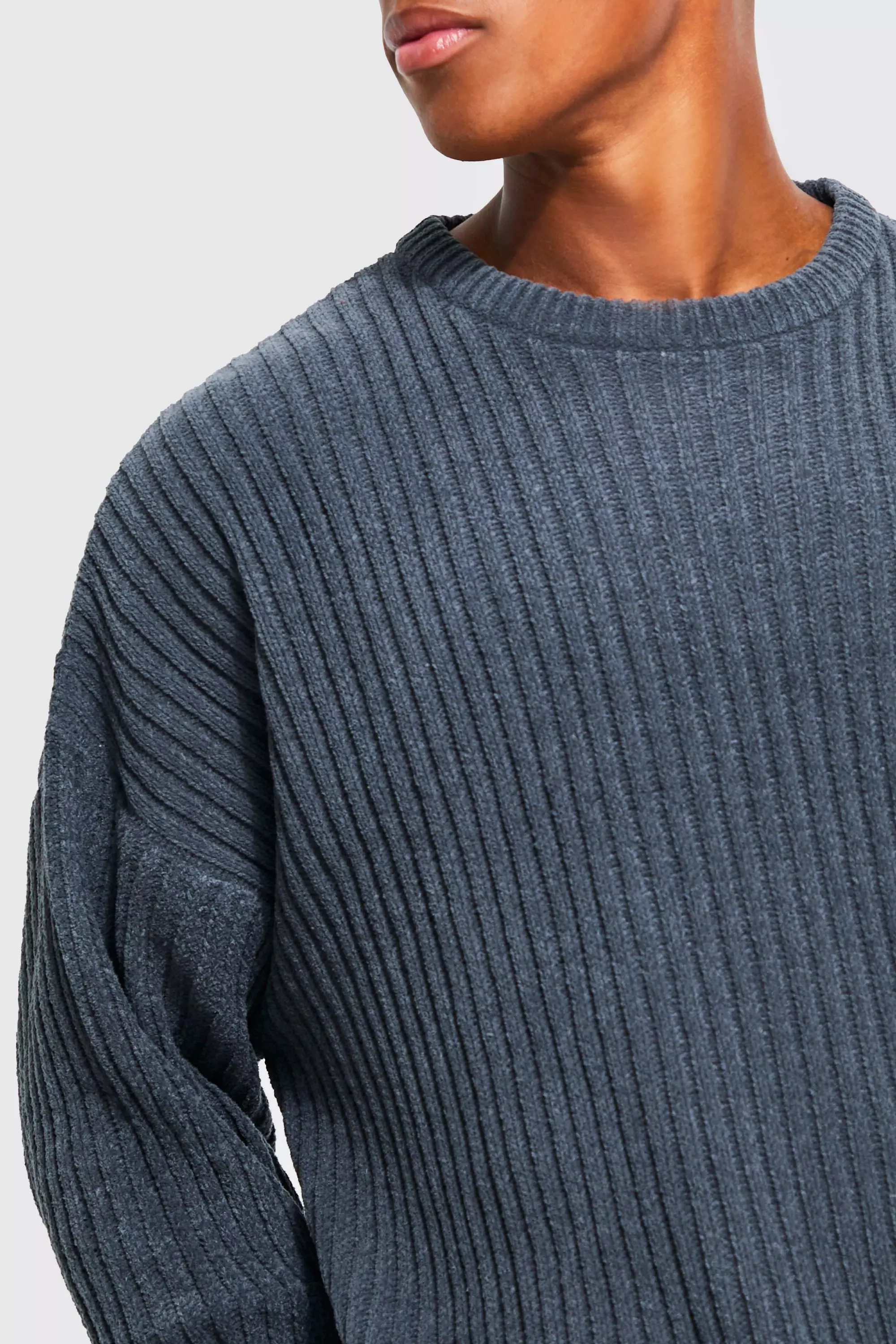 Oversized Ribbed Chenille Crew Neck Jumper | boohooMAN UK