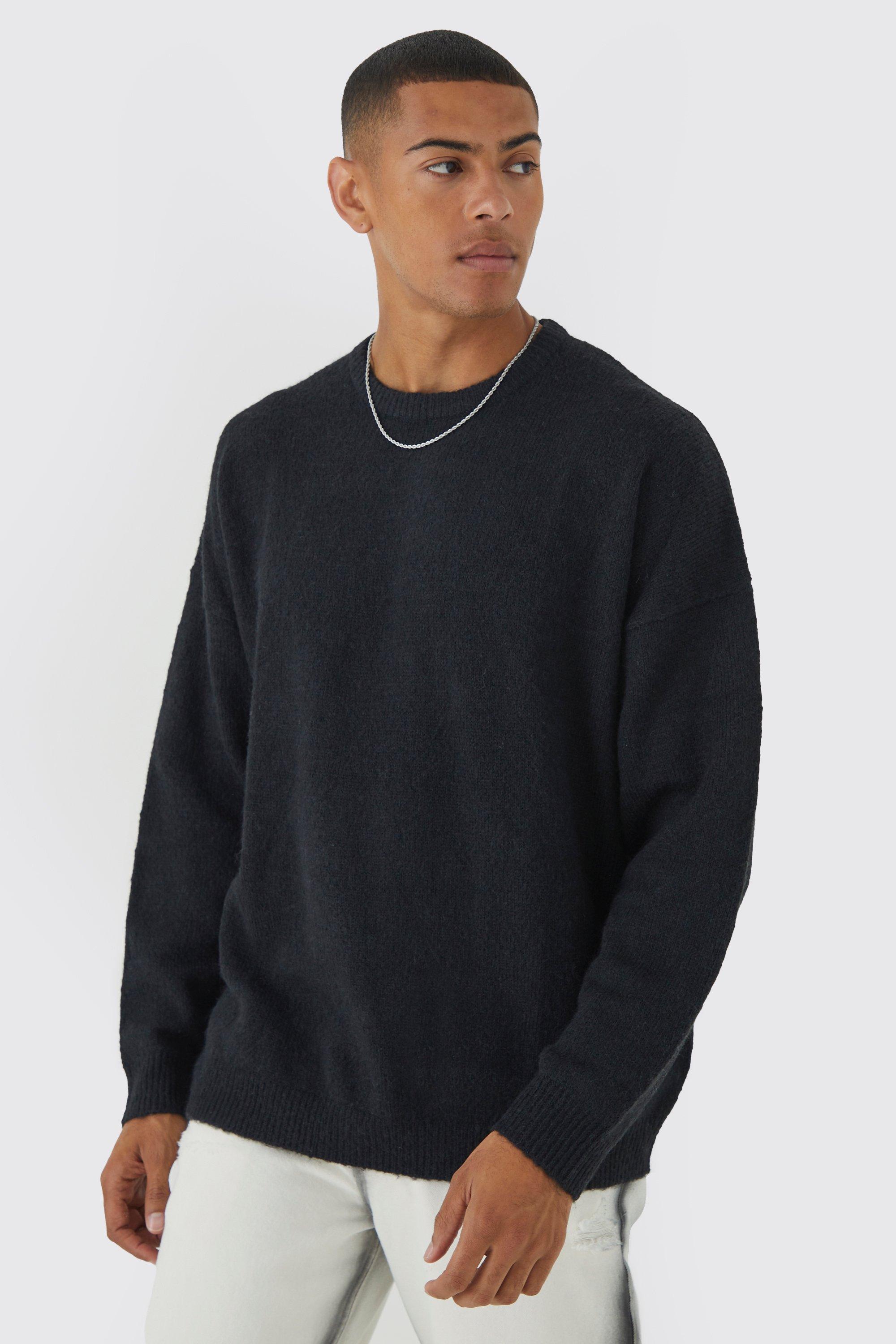 Mens Black Oversized Brushed Yarn Crew Neck Jumper, Black