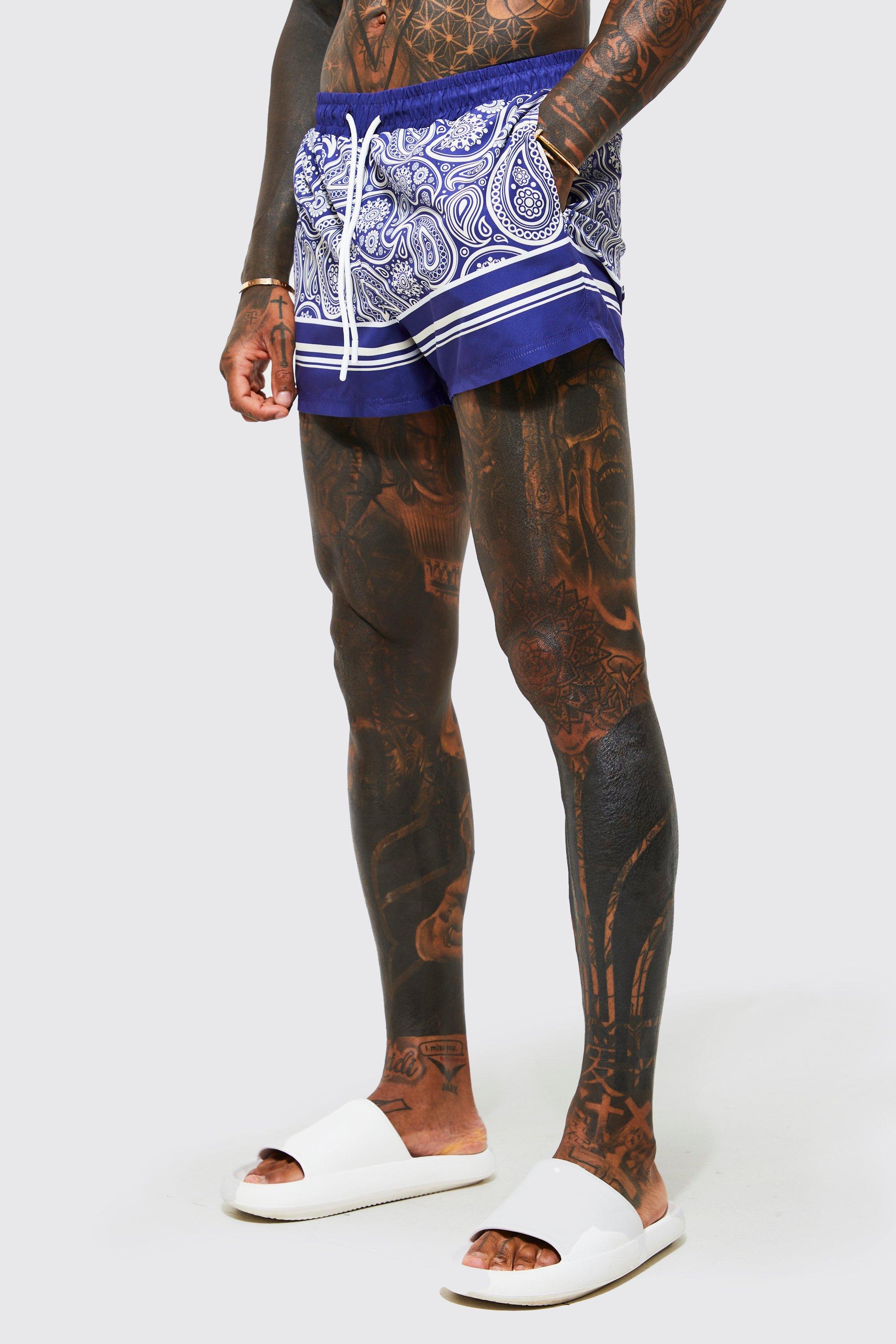 men's short length purple paisley swim shorts - l, purple