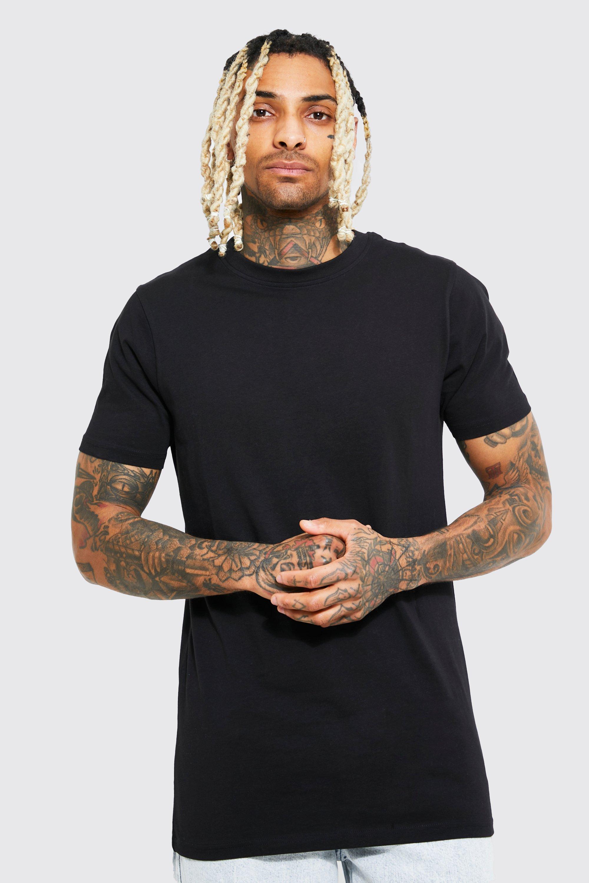 Mens Black Basic Longline Crew Neck T-Shirt, Black