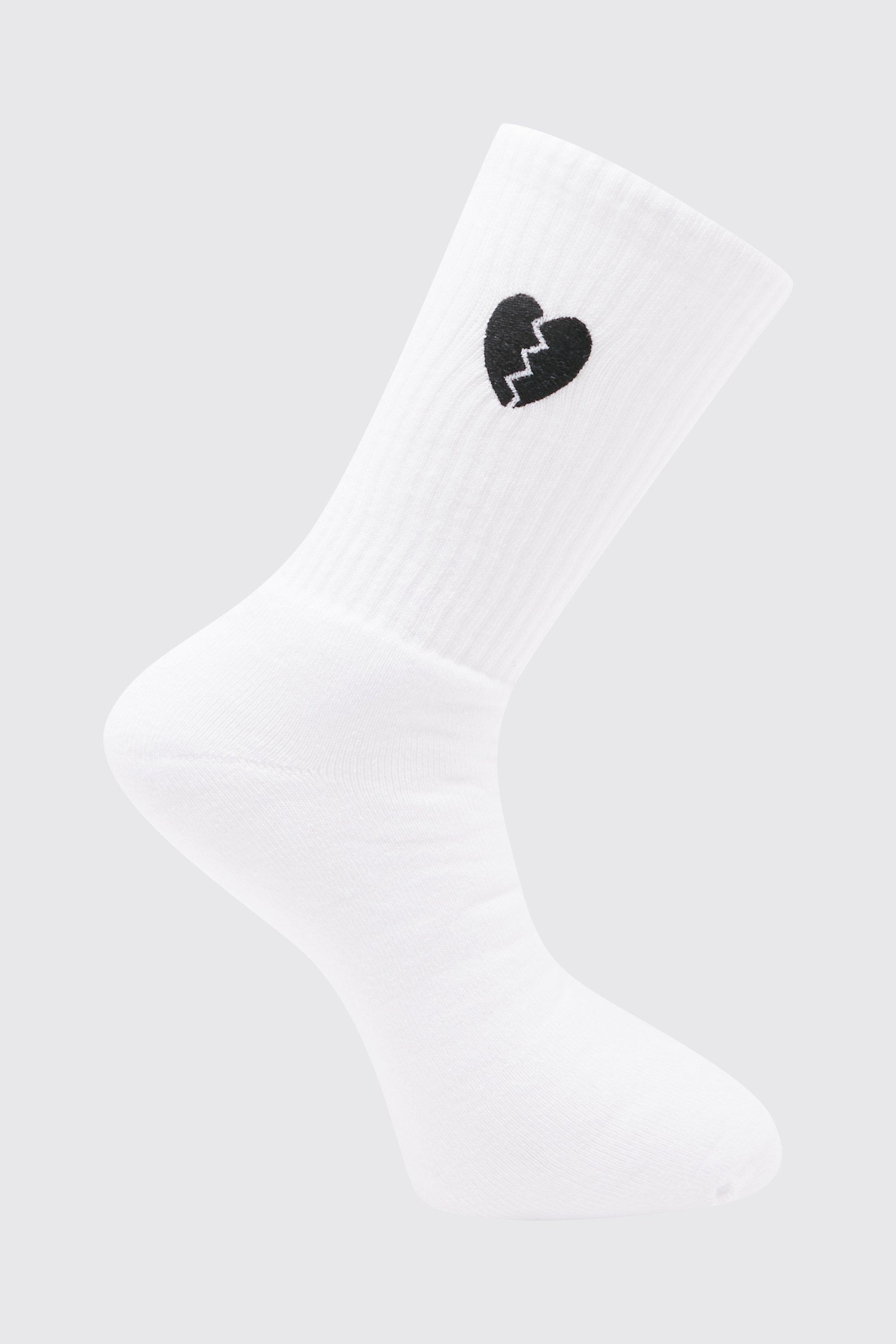 Mens White 1 Pack Embroidery Cracked Heart Sock, White