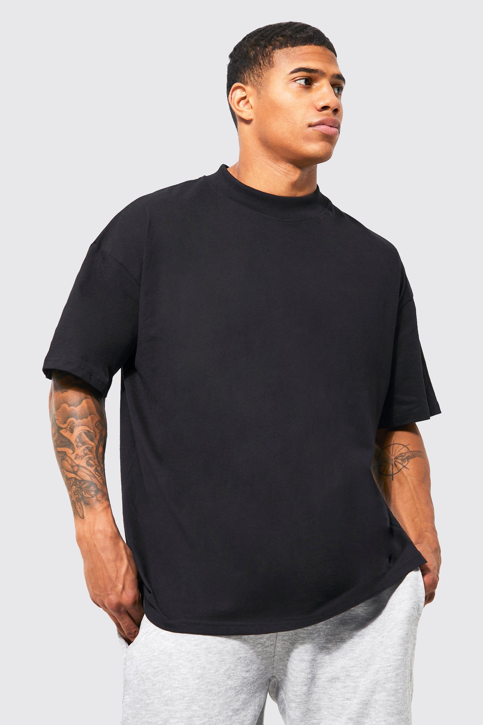 Mens Black Basic Oversized Extended Neck T-Shirt, Black