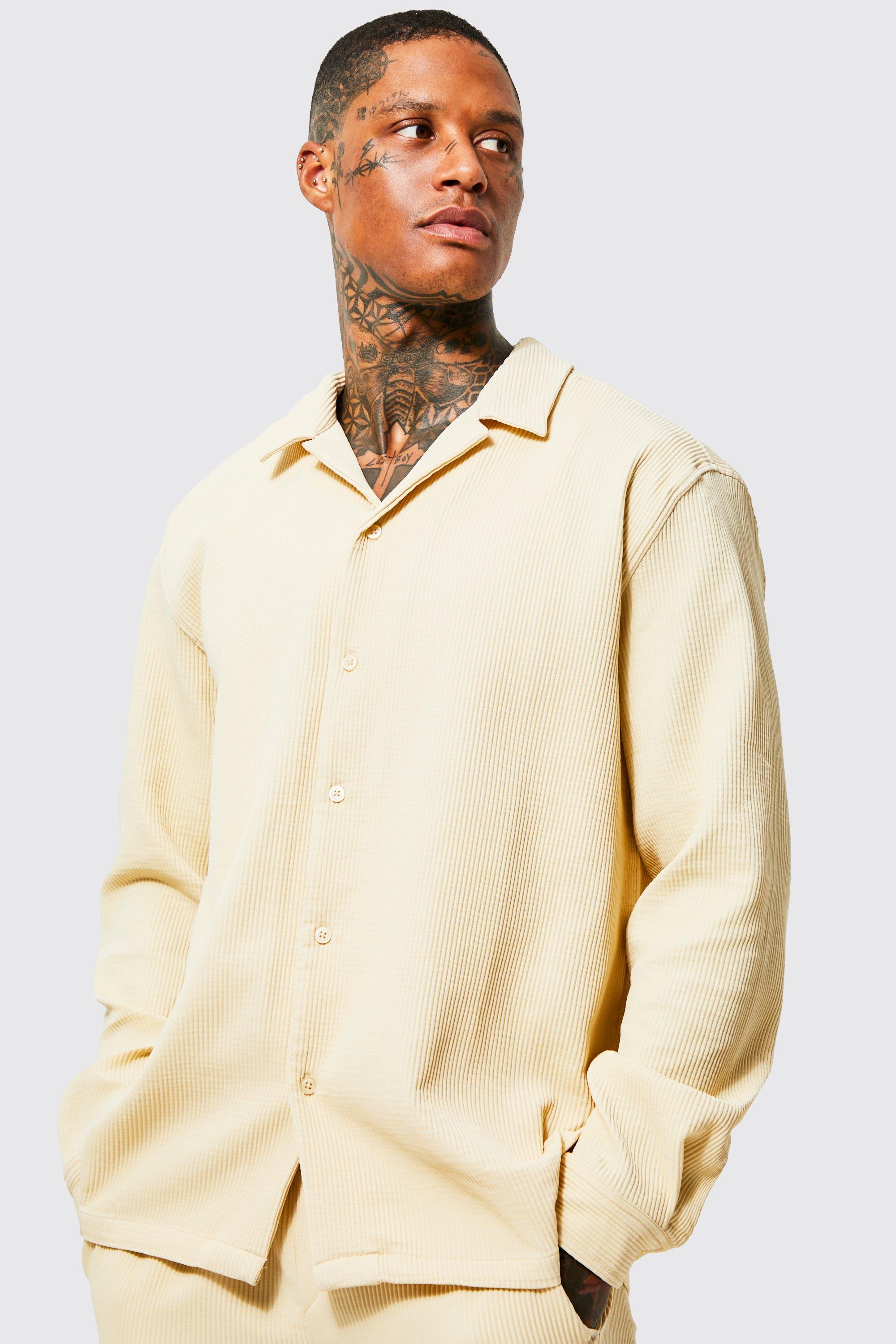 Mens Beige Long Sleeve Revere Oversized Pleated Shirt, Beige
