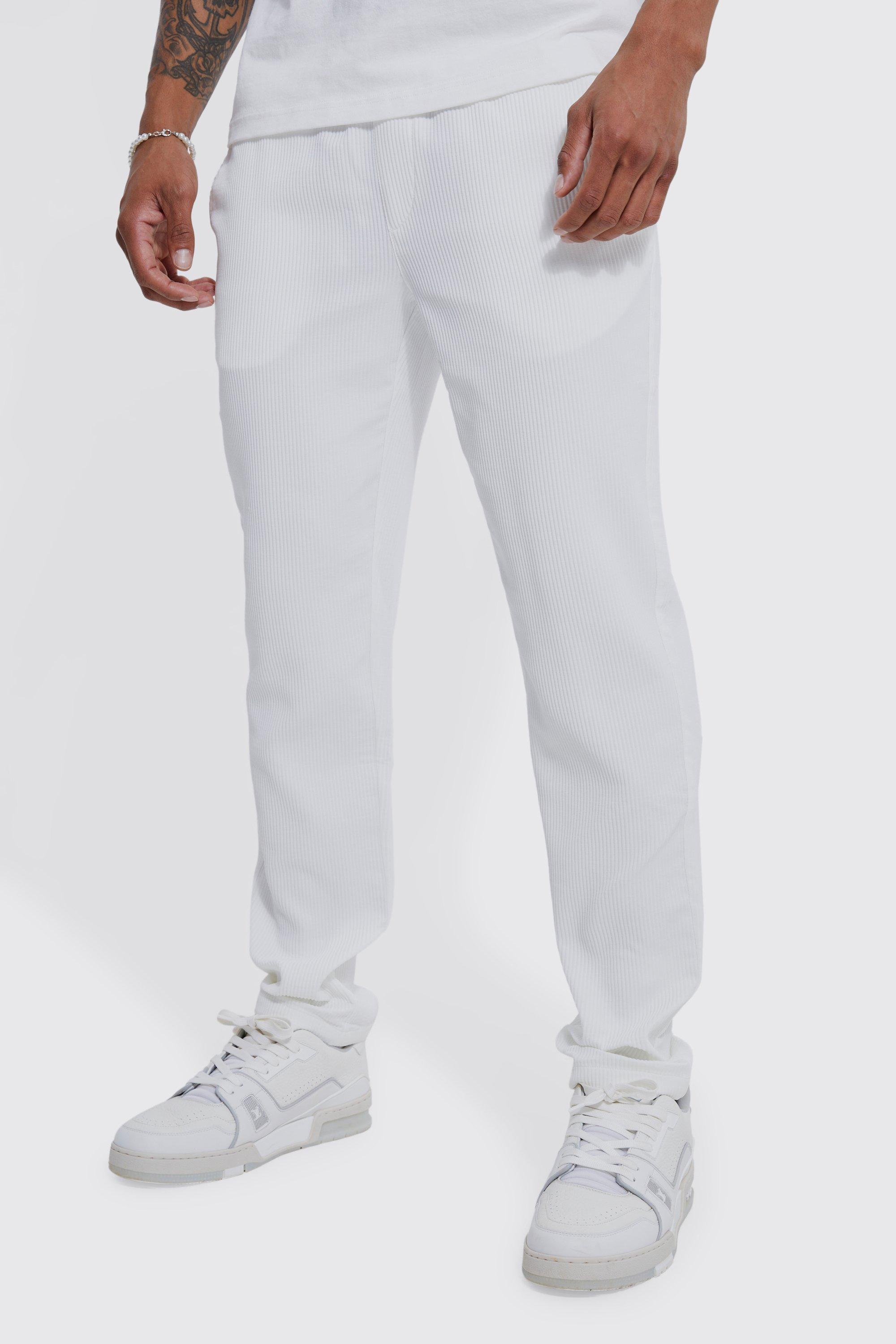 Mens White Slim Fit Pleated Trousers, White