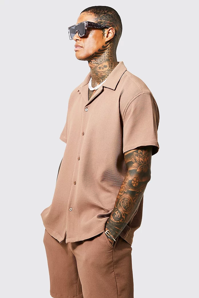 Oversized Short Sleeve Pleated Shirt And Short | boohooMAN USA