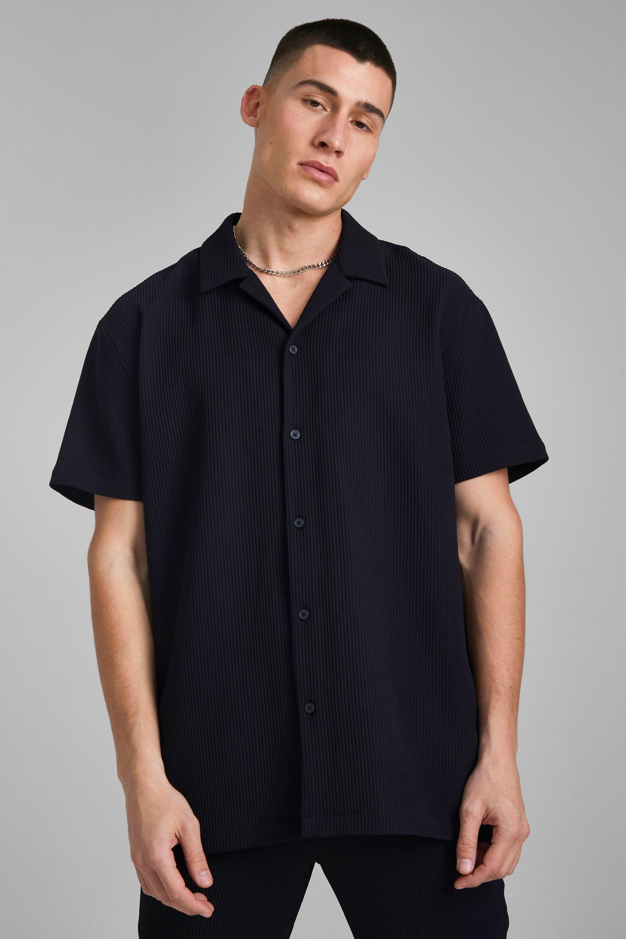 Mens Black Short Sleeve Revere Oversized Pleated Shirt, Black