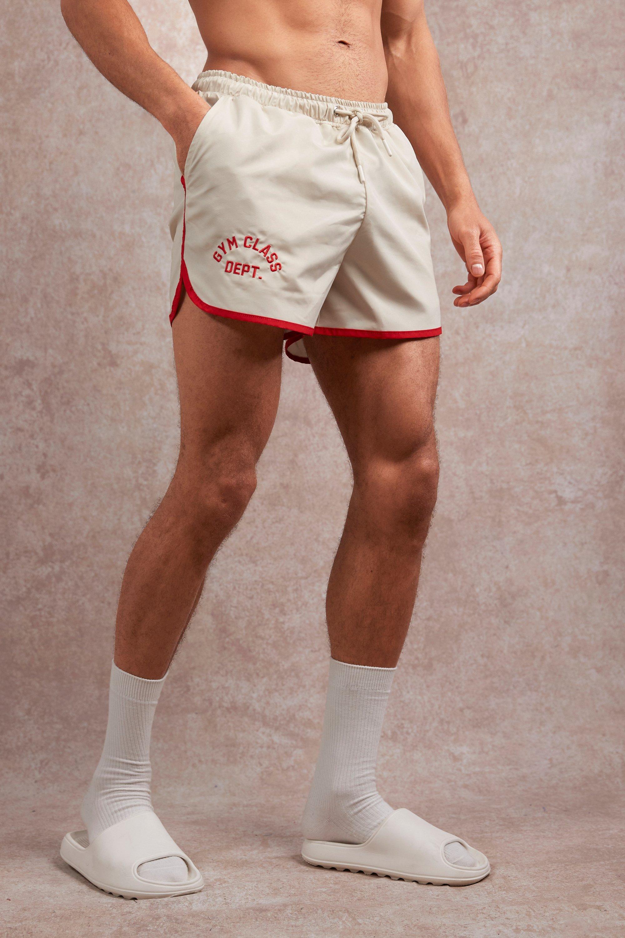 Men’s Retro Workout Clothes 70s, 80s, 90s| Tracksuits, Sweatshirts Mens Short Length Embroidered Runner Swim - Cream $25.00 AT vintagedancer.com