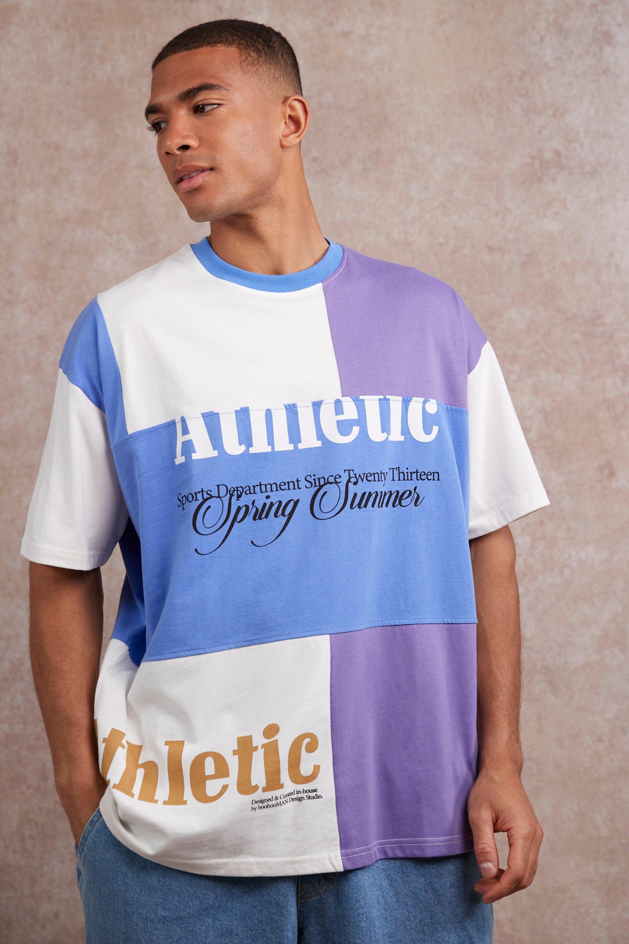 Image of T-shirt oversize effetto patchwork con grafica, Azzurro