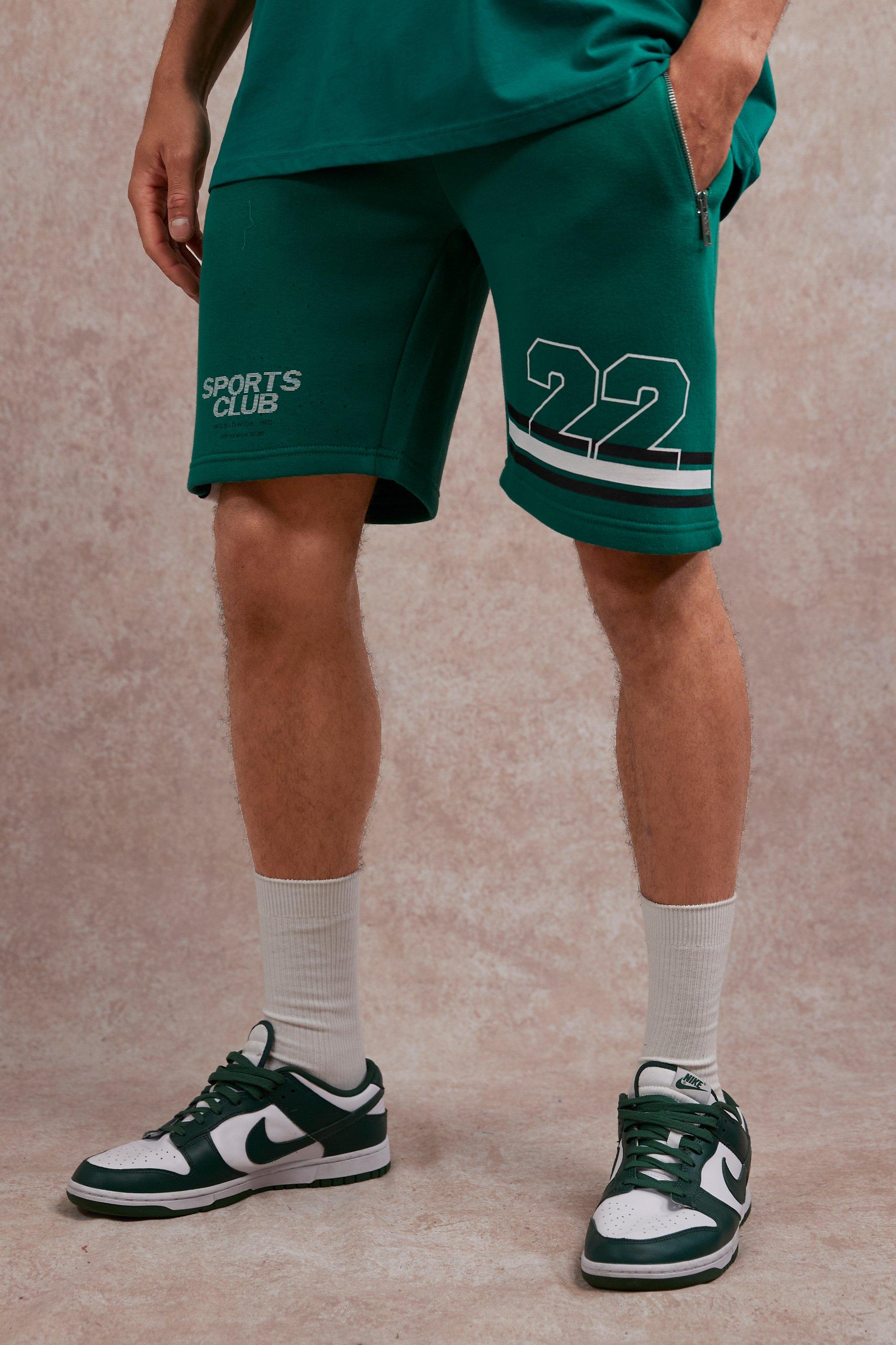 Mens Green Loose Fit Varsity Jersey Shorts, Green