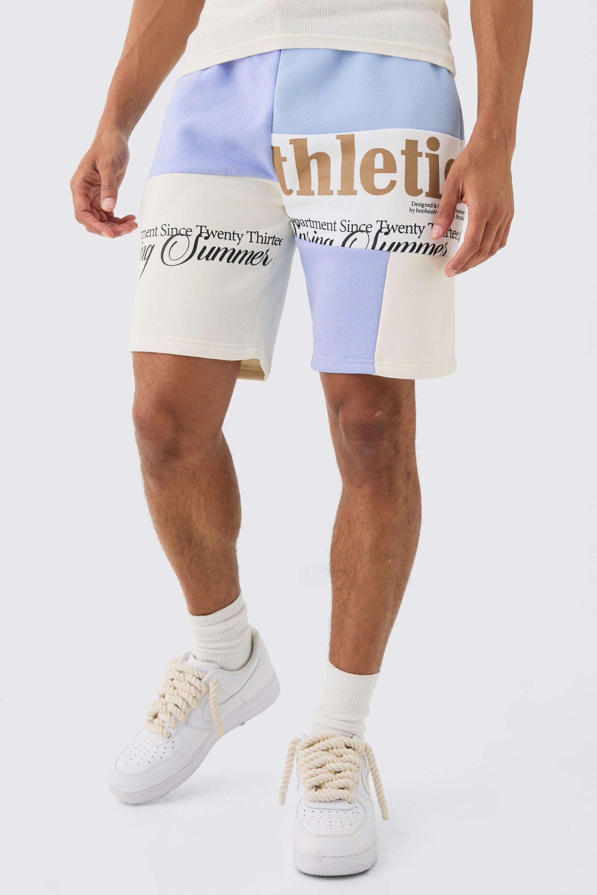 Image of Pantaloncini comodi in jersey effetto patchwork con grafica, Azzurro