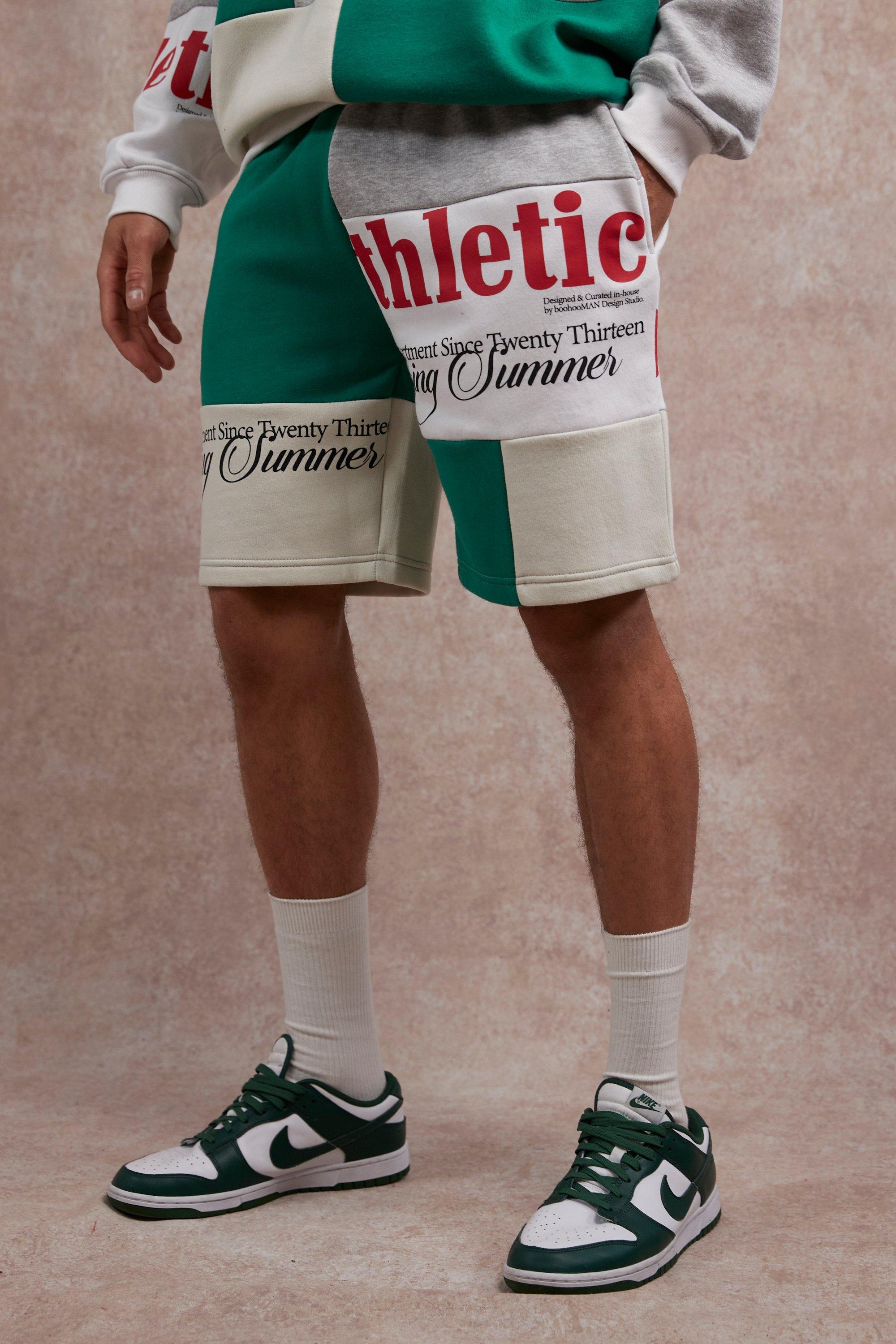 Mens Green Loose Fit Graphic Patchwork Jersey Shorts, Green
