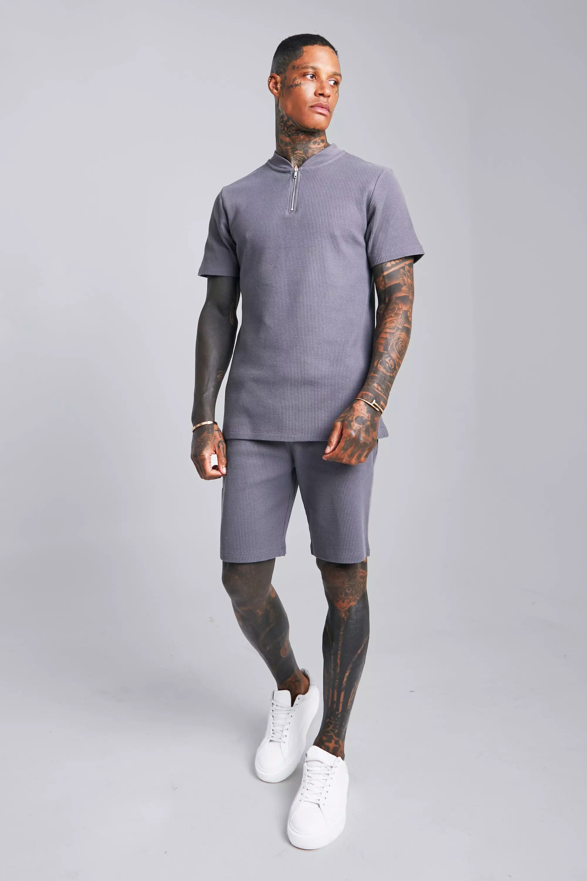 Waffle Textured Collarless Polo & Short Set | boohooMAN USA