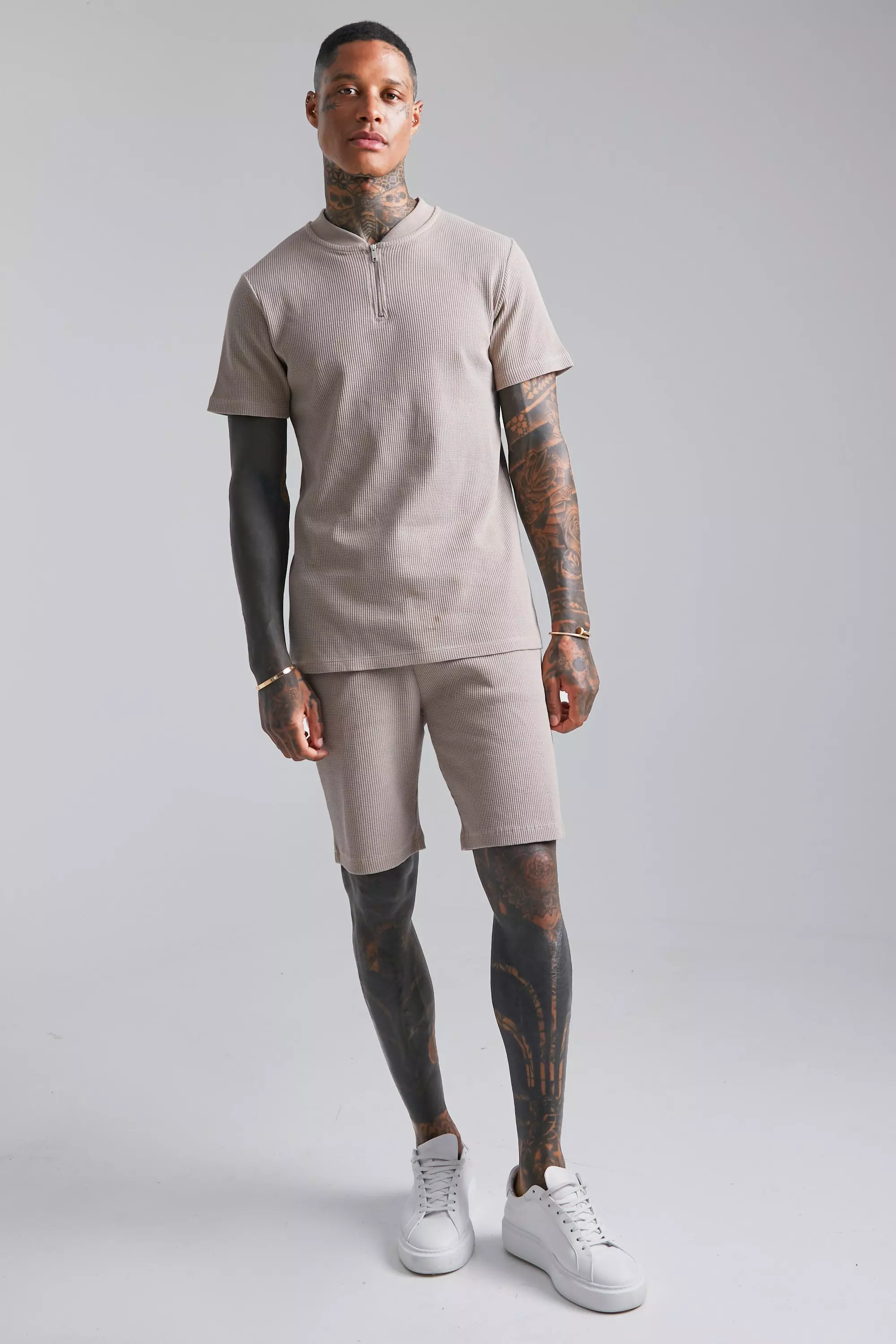 Waffle Textured Collarless Polo & Short Set | boohooMAN USA