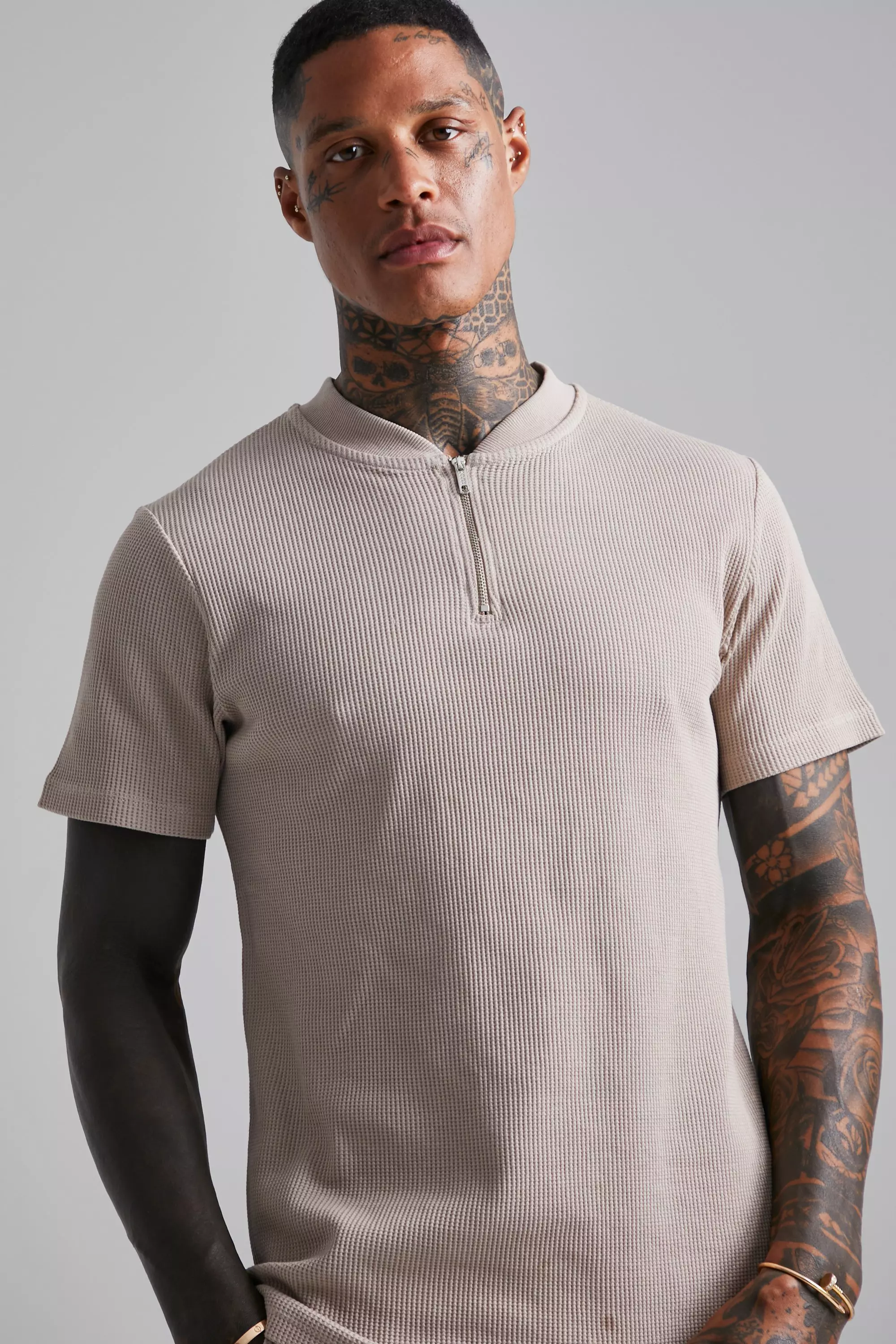 Waffle Textured Collarless Polo & Short Set | boohooMAN USA