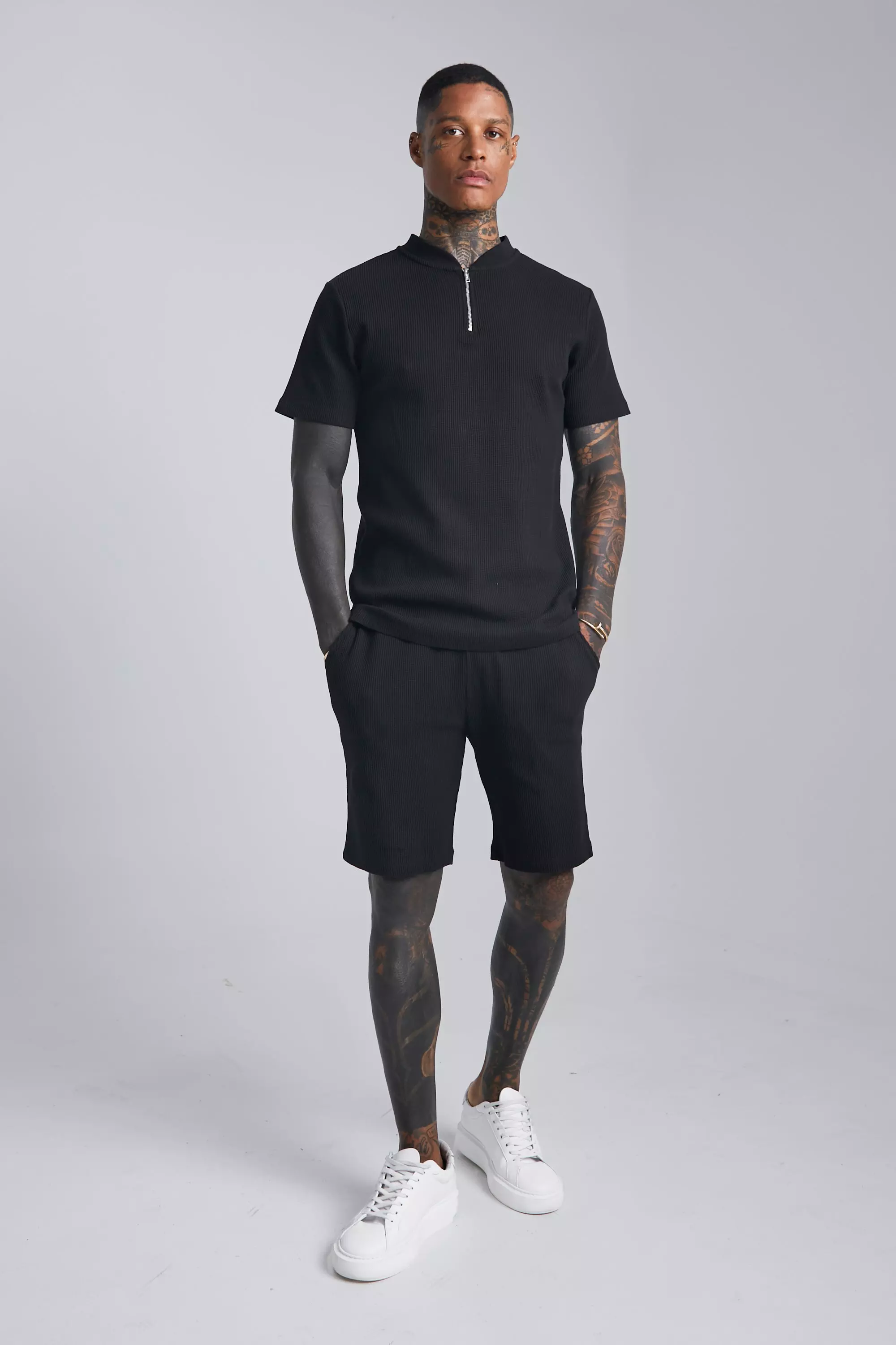 Waffle Textured Collarless Polo Short Set boohooMAN USA